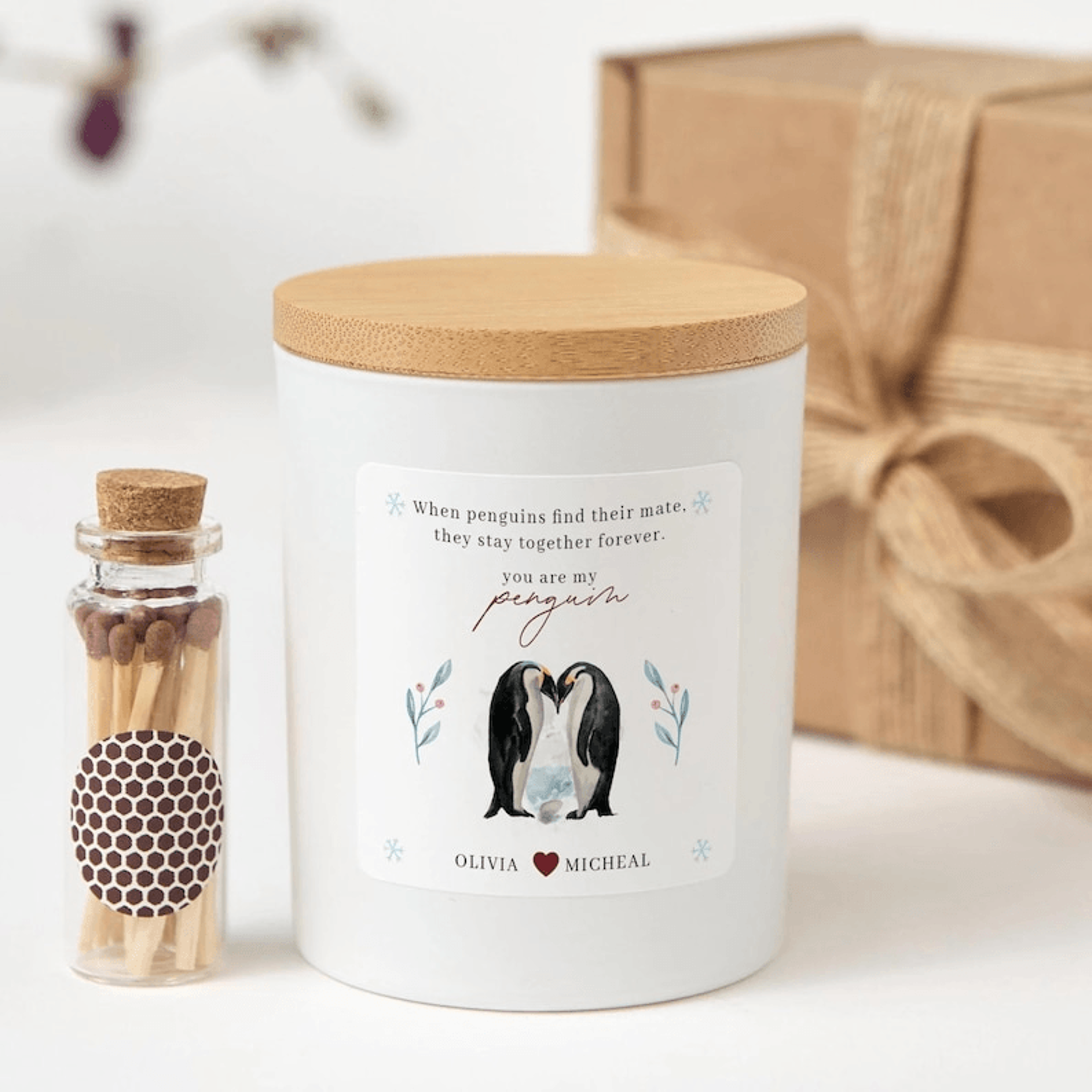 penguin couple candle gift, personalized penguin candle, anniversary gift for couple, romantic penguin gift, valentine's