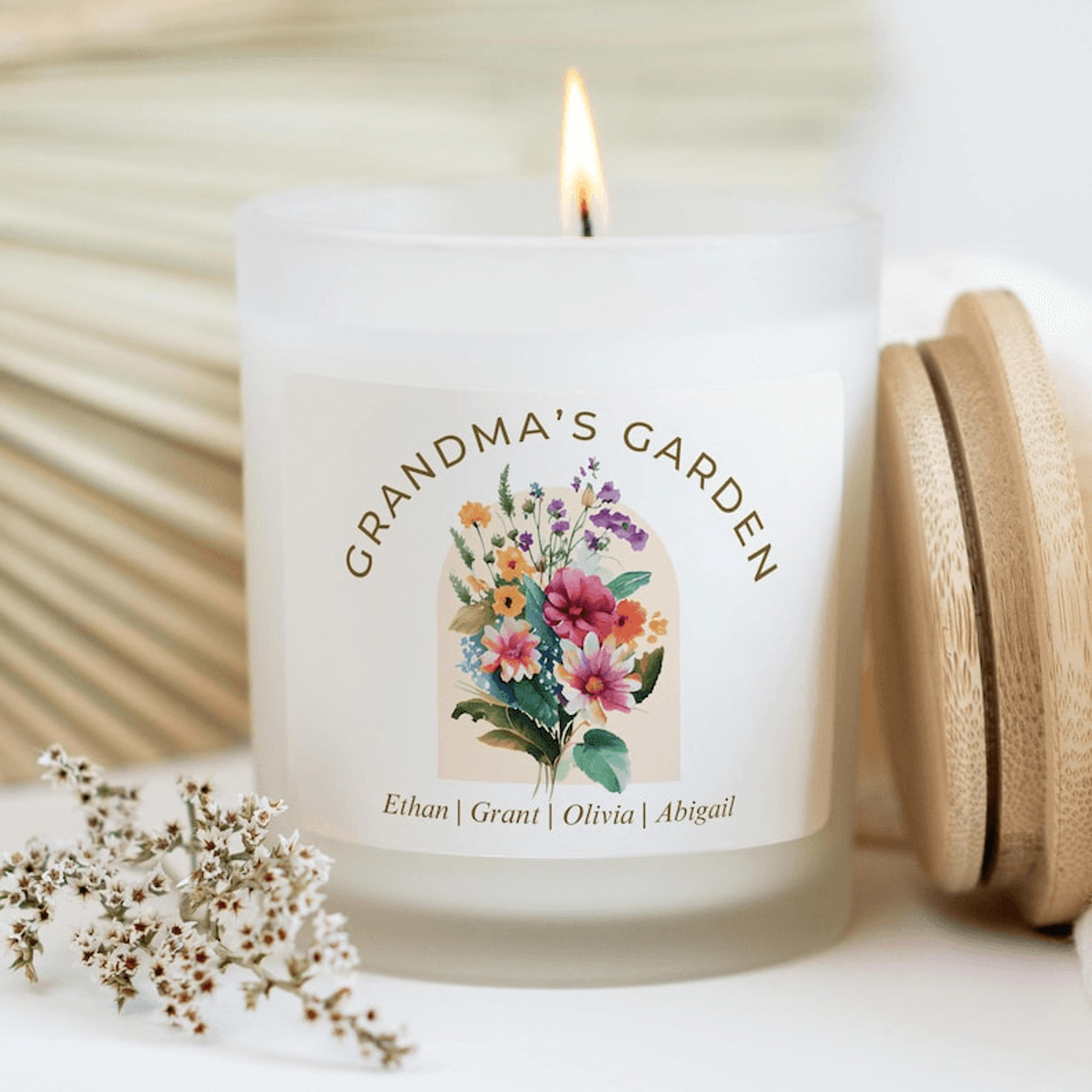 grandma's garden candle, personalized grandma gift, grandchildren name candle, birth month flower gift, nana gift