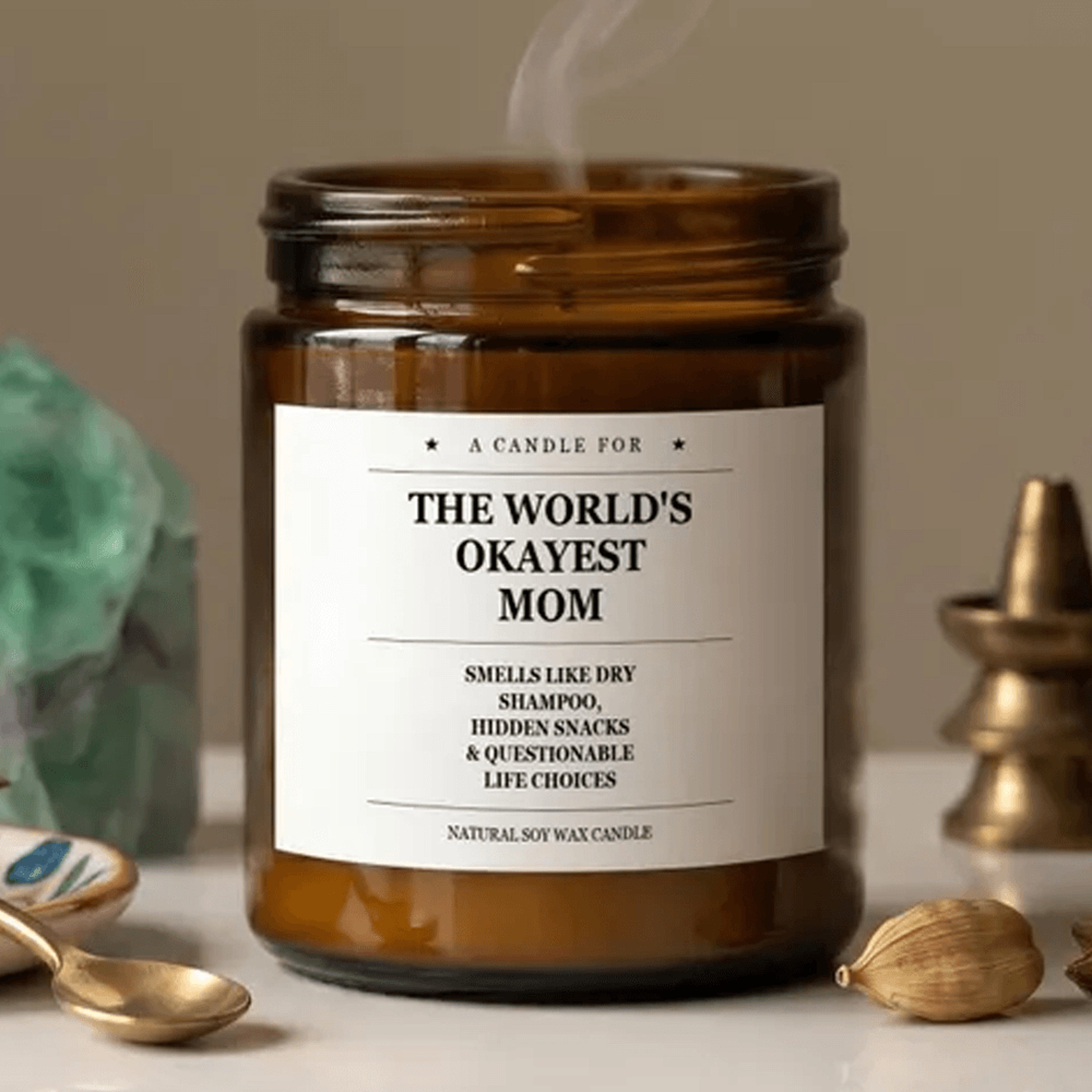 world's okayest mom funny scented soy candle gift for mother's day