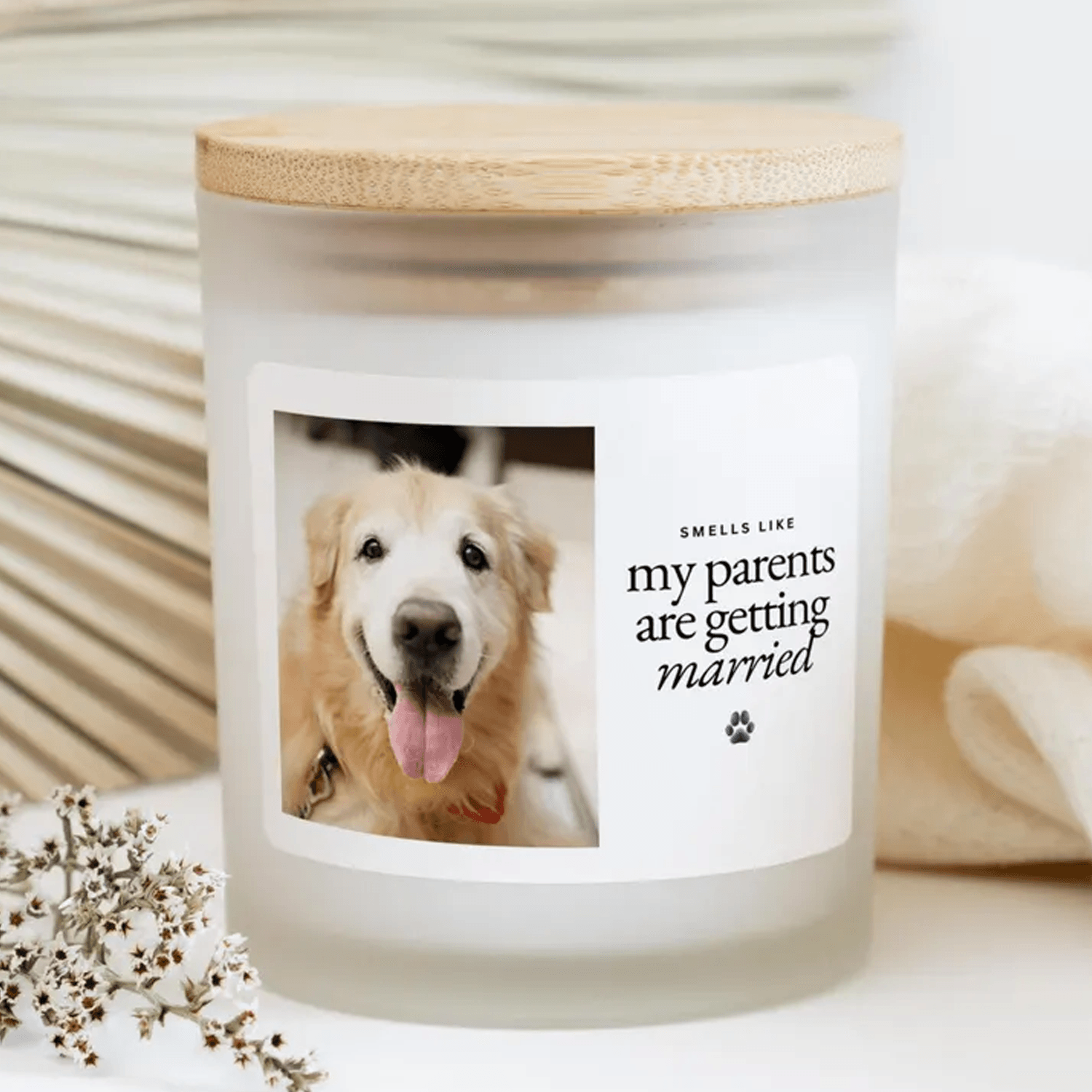 my parents are getting married candle, dog wedding gift, pet wedding announcement, custom photo candle