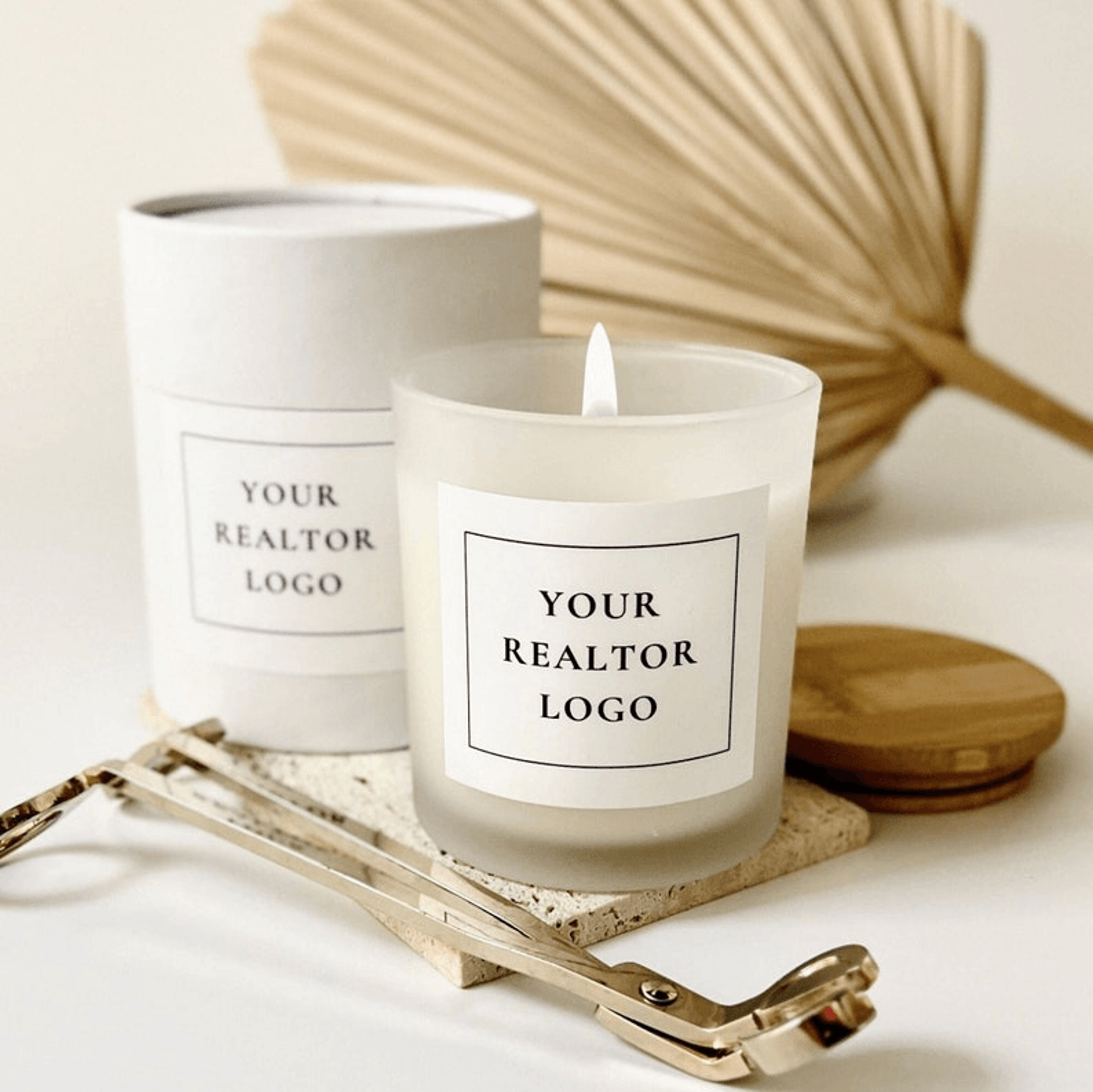 custom realtor logo candle, real estate closing gift, branded client gift, personalized business candle