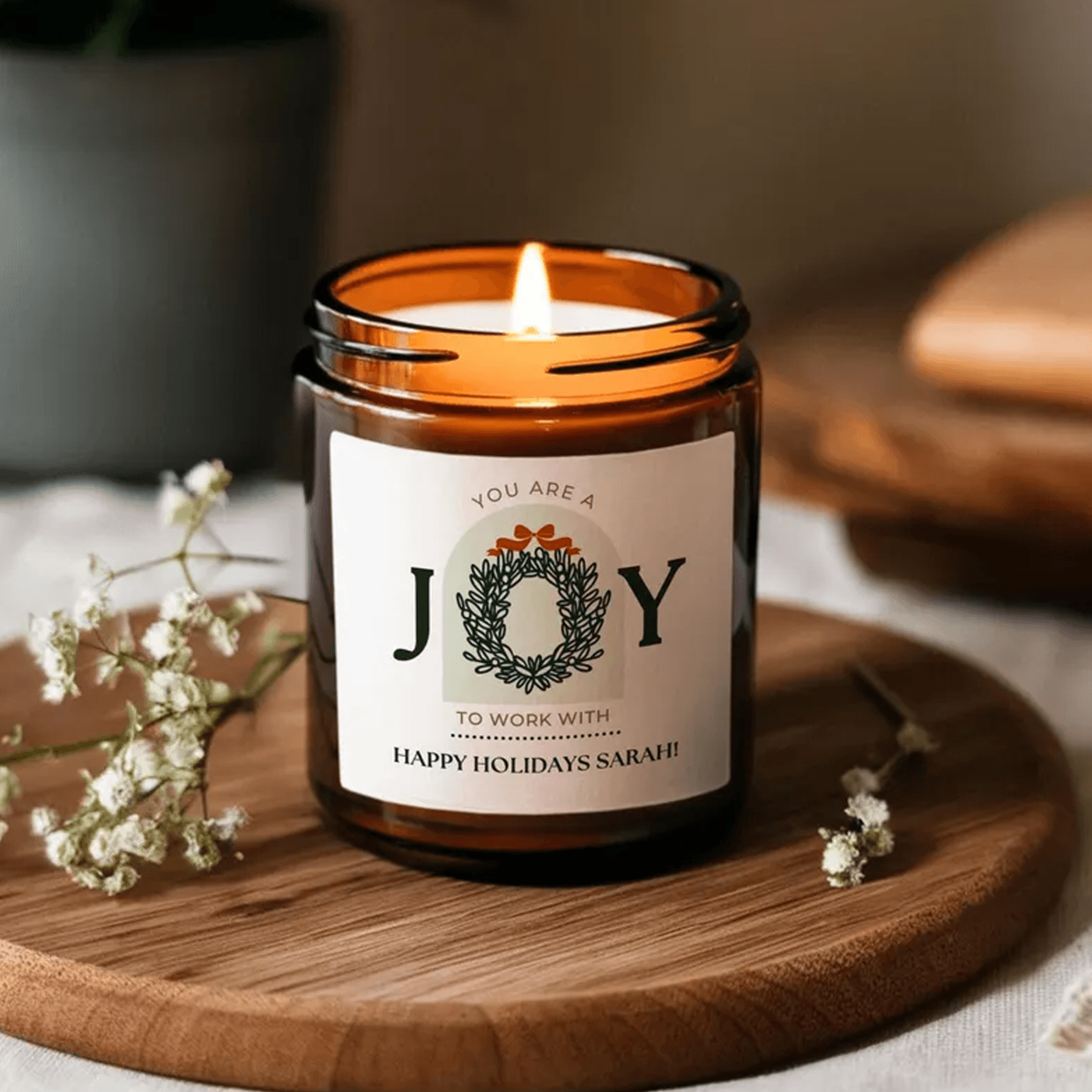personalized employee holiday gift candle, custom appreciation candle, staff christmas gift, coworker thank you gift