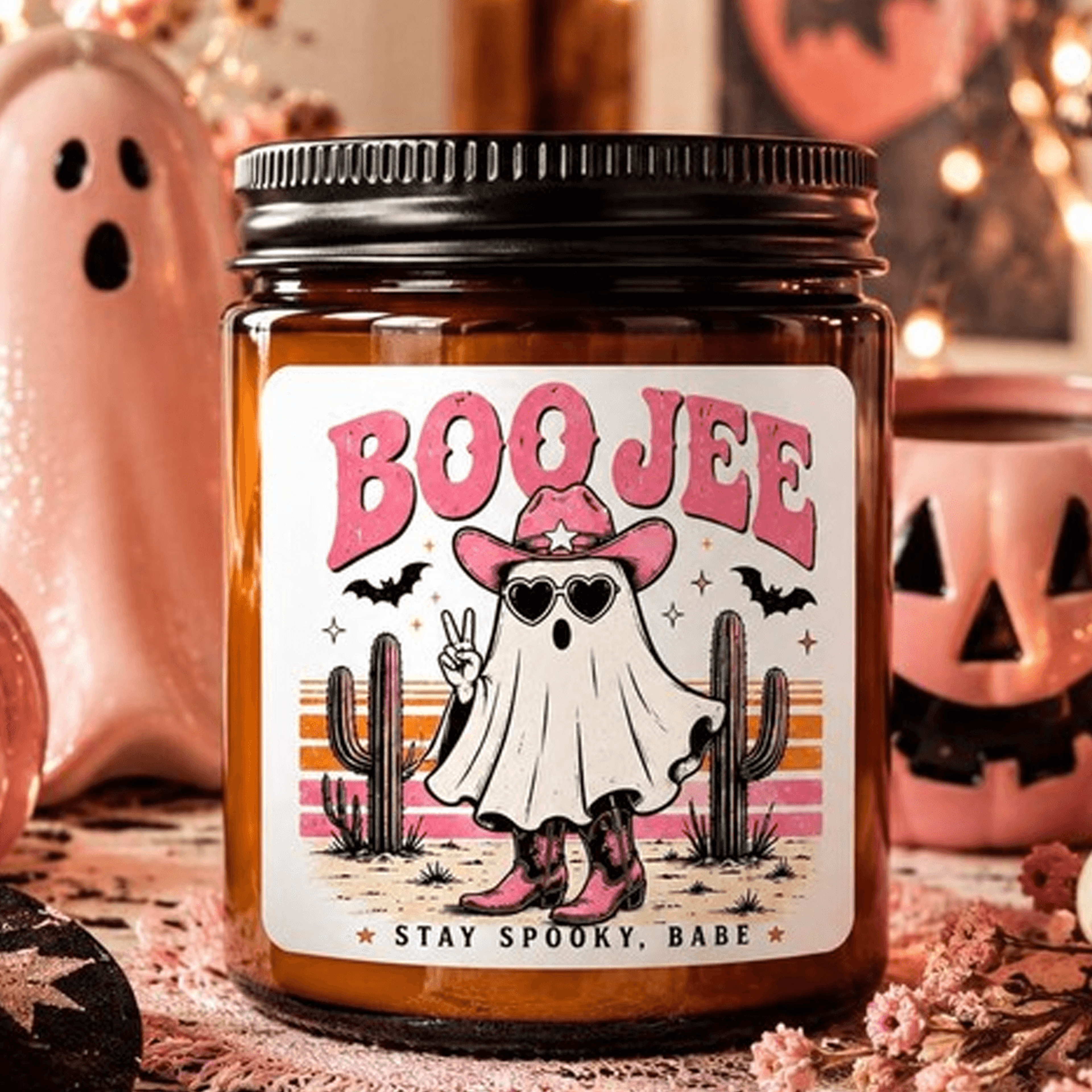 boo jee 9oz soy candle, stay spooky babe candle, funny halloween candle gift, trendy ghost decor, spooky season home fra