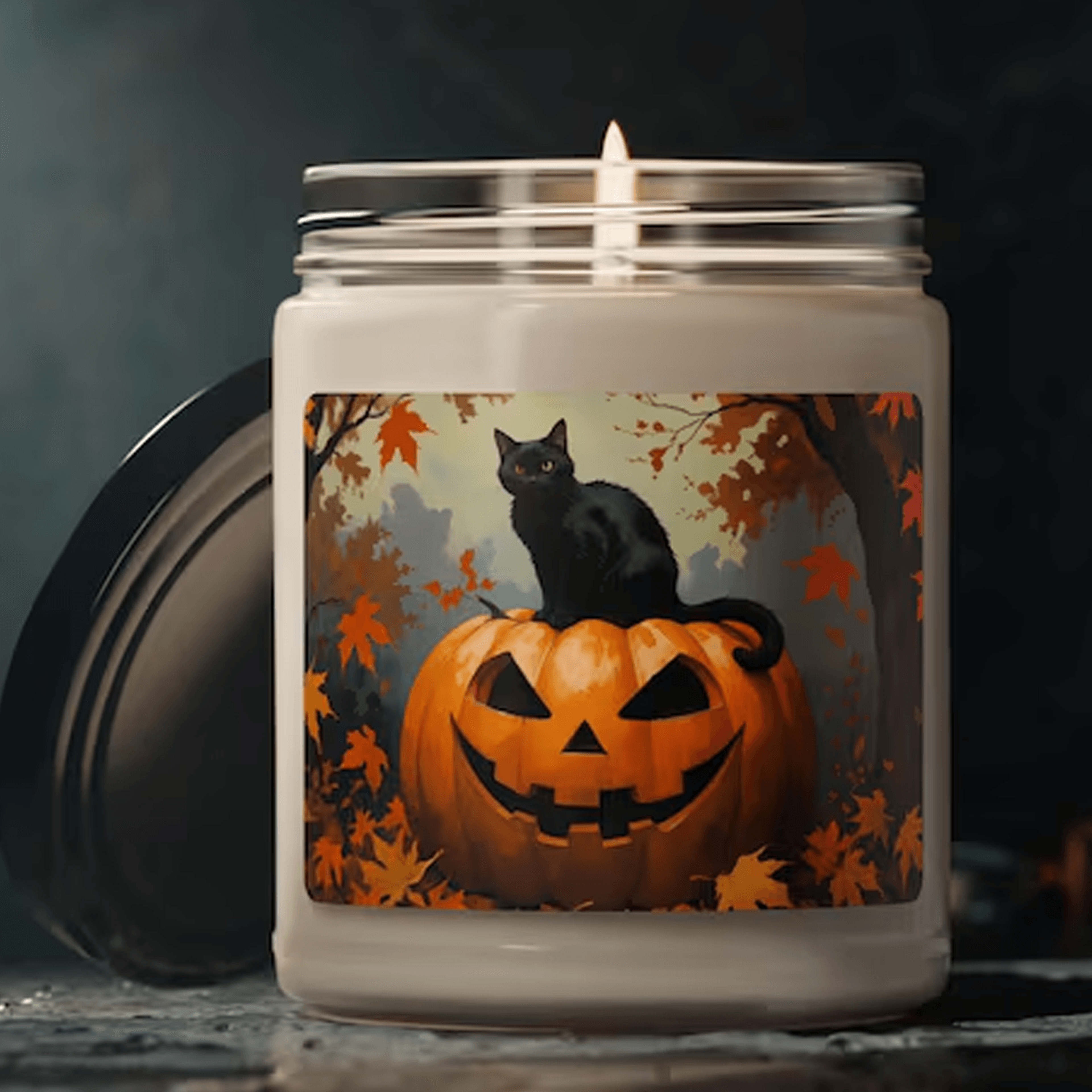 black cat pumpkin 9oz soy candle, halloween cat candle, cute black cat decor, spooky season candle gift, fall autumn hom