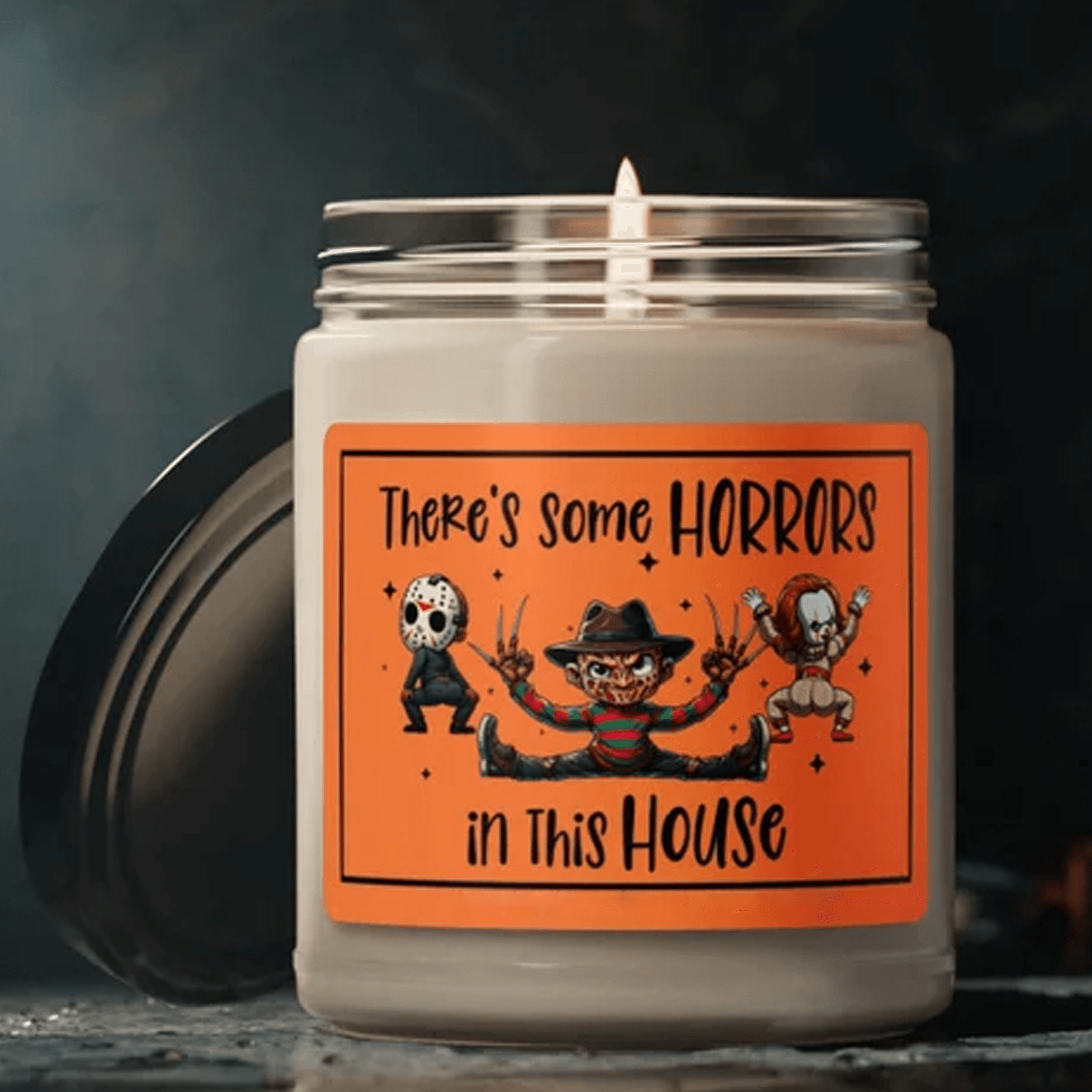 there's some horrors in this house 9oz soy candle, funny halloween candle, horror decor gift, spooky home candle