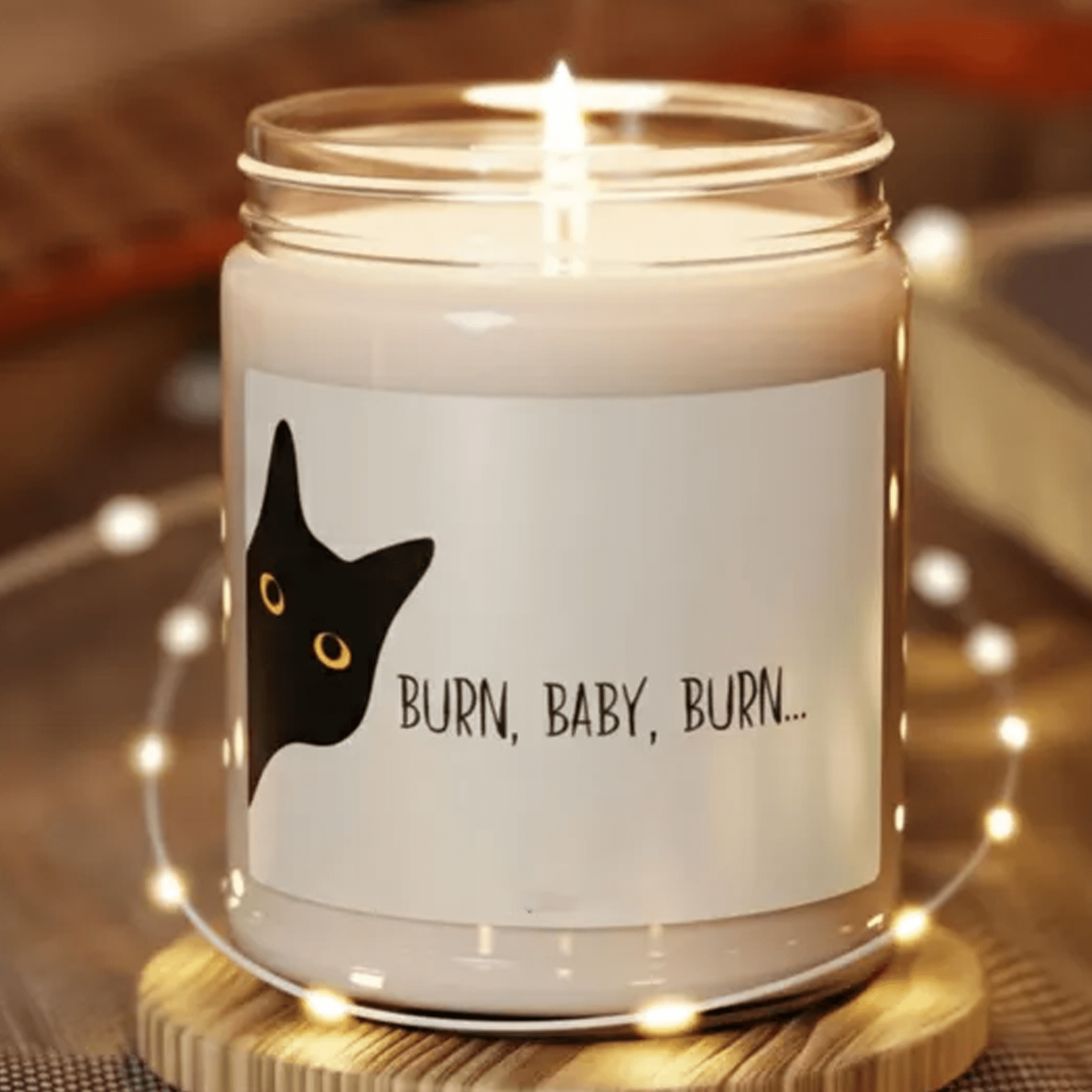 black cat burn baby burn 9oz soy candle, funny halloween candle, spooky cat gift, gothic fall decor candle