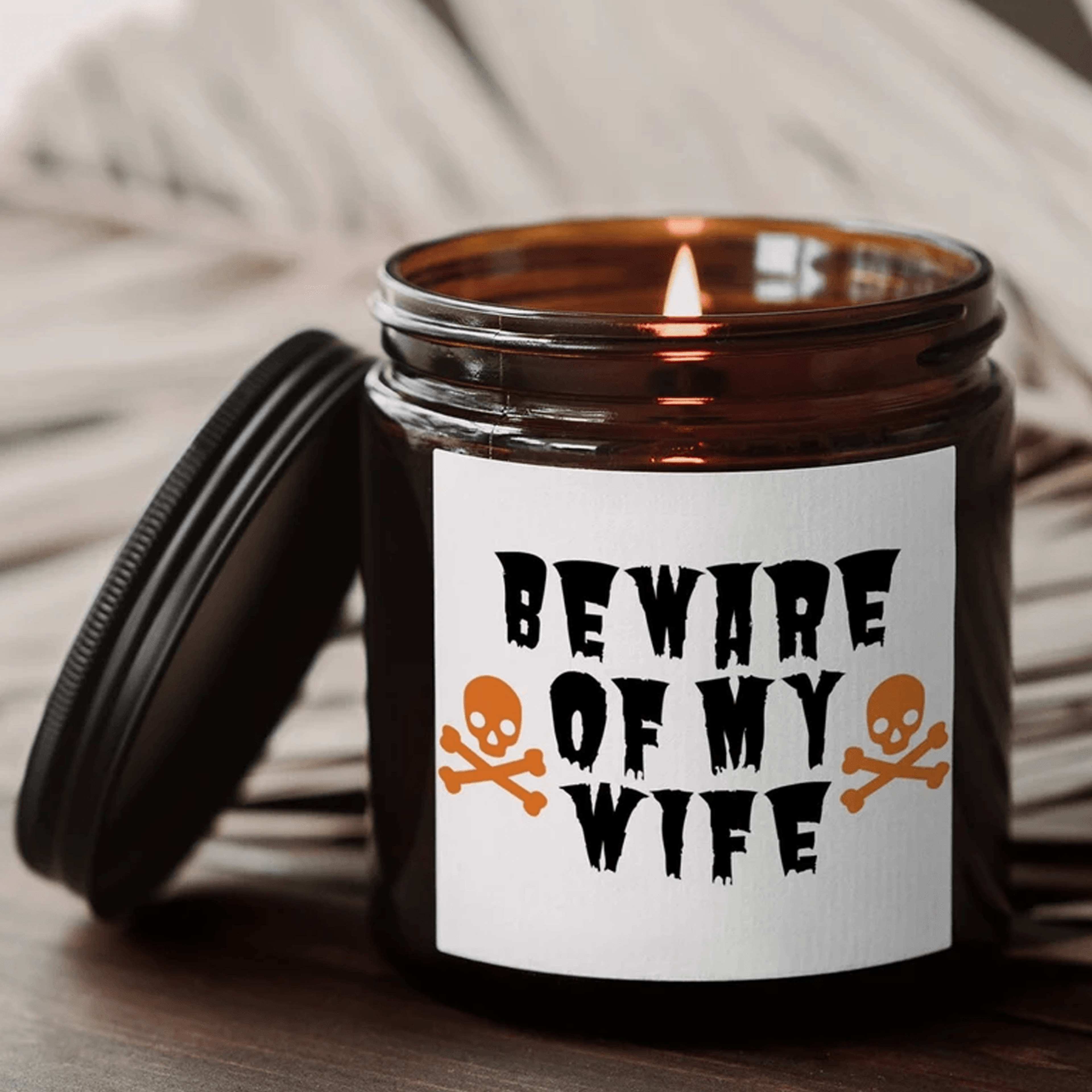 beware of my wife halloween candle, funny husband gift, spooky couple decor, 9oz soy candle gift