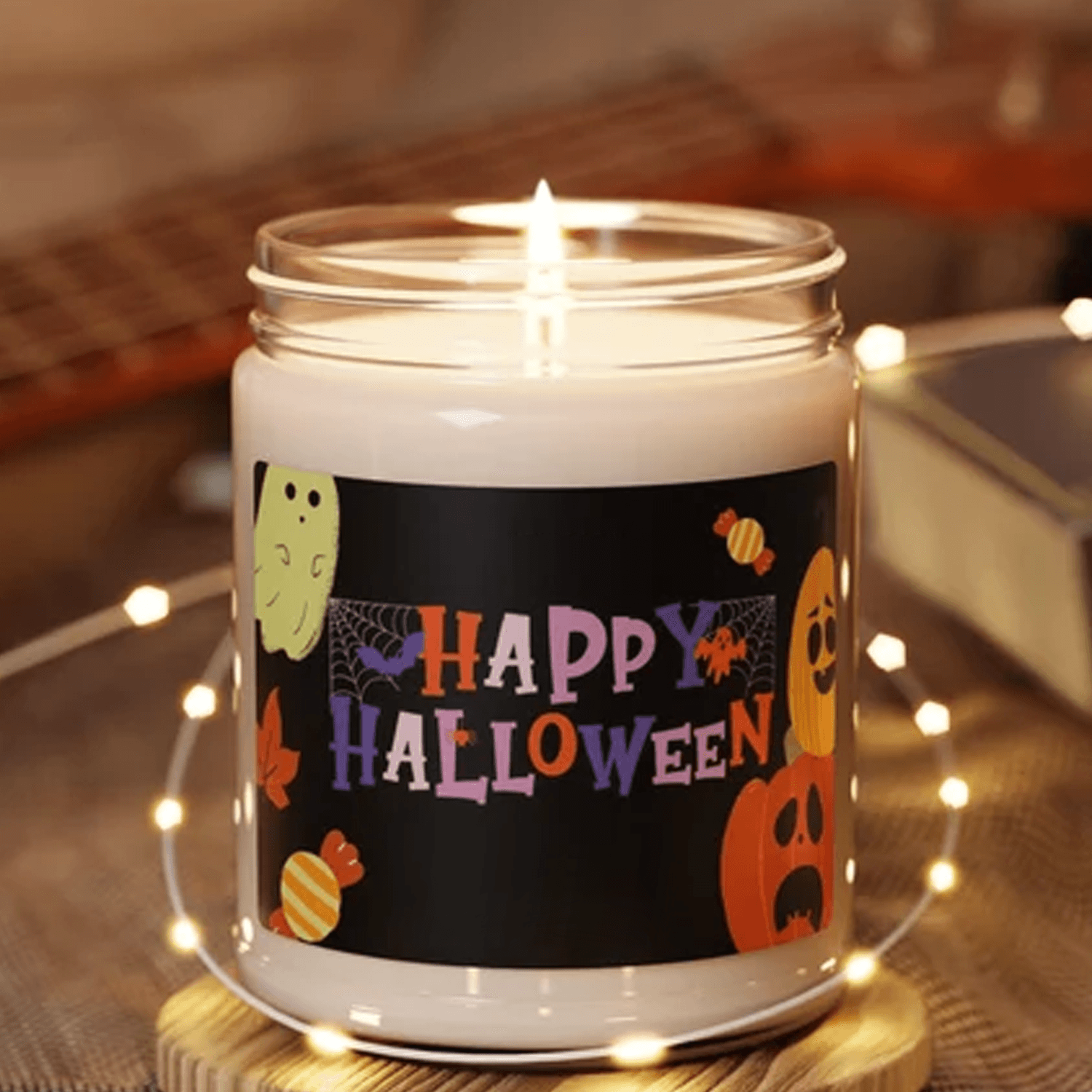 happy halloween candle, frightfully fun halloween decor, spooky season gift, scented 9oz soy candle
