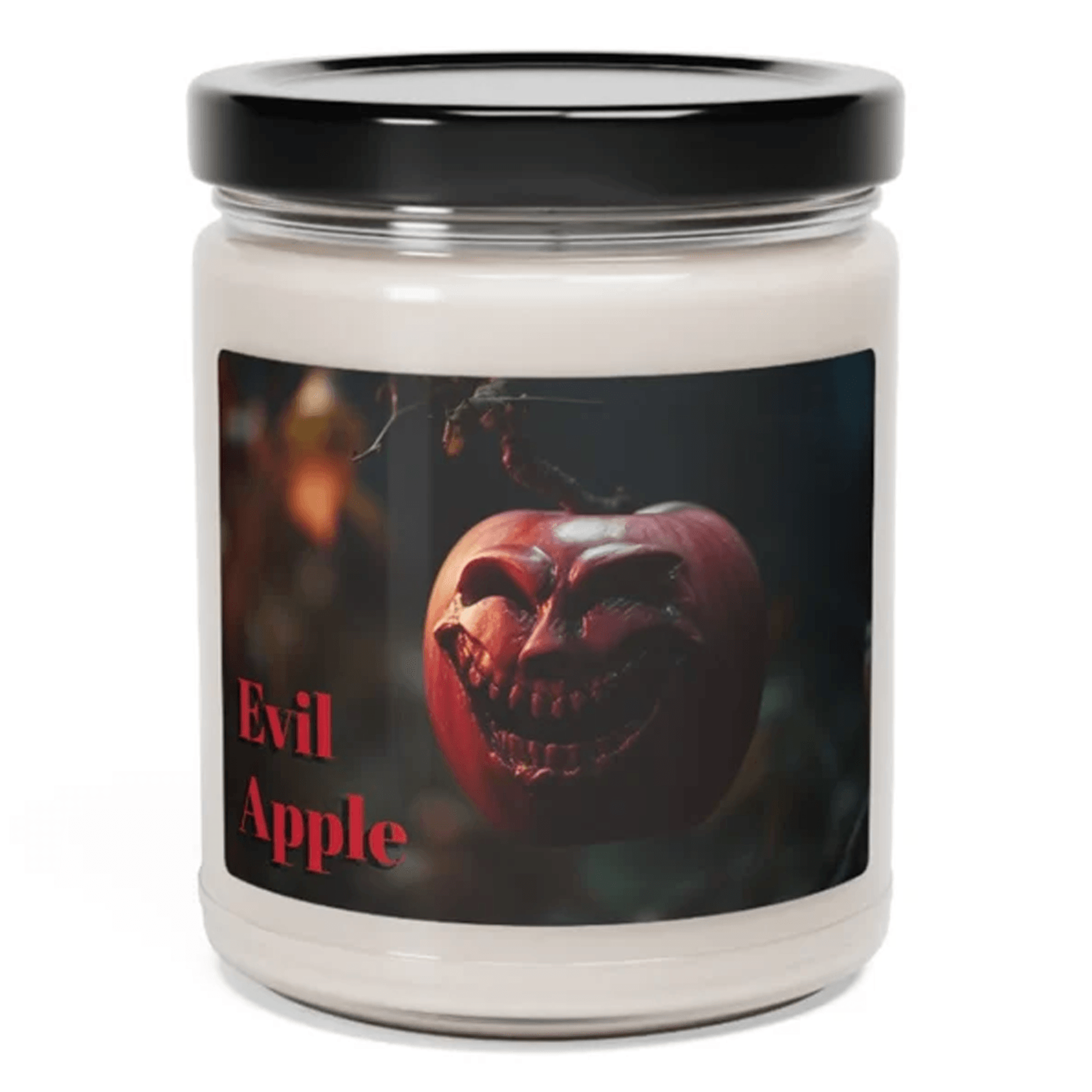 evil apple halloween candle, spoopy scents soy candle, spooky fall decor, scented 9oz soy candle