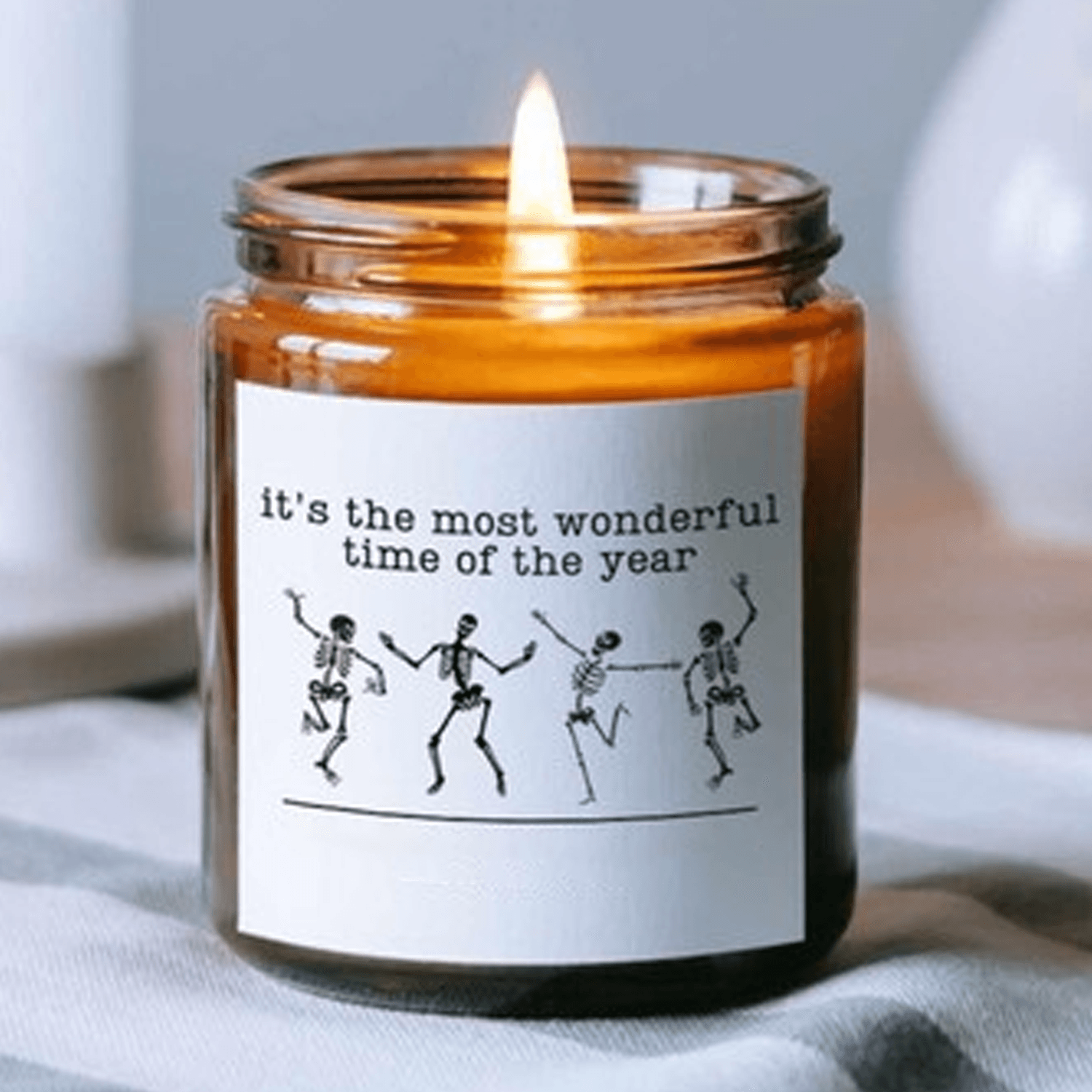 dancing skeleton halloween candle, funny skeleton decor, spooky season gift, scented 9oz soy candle