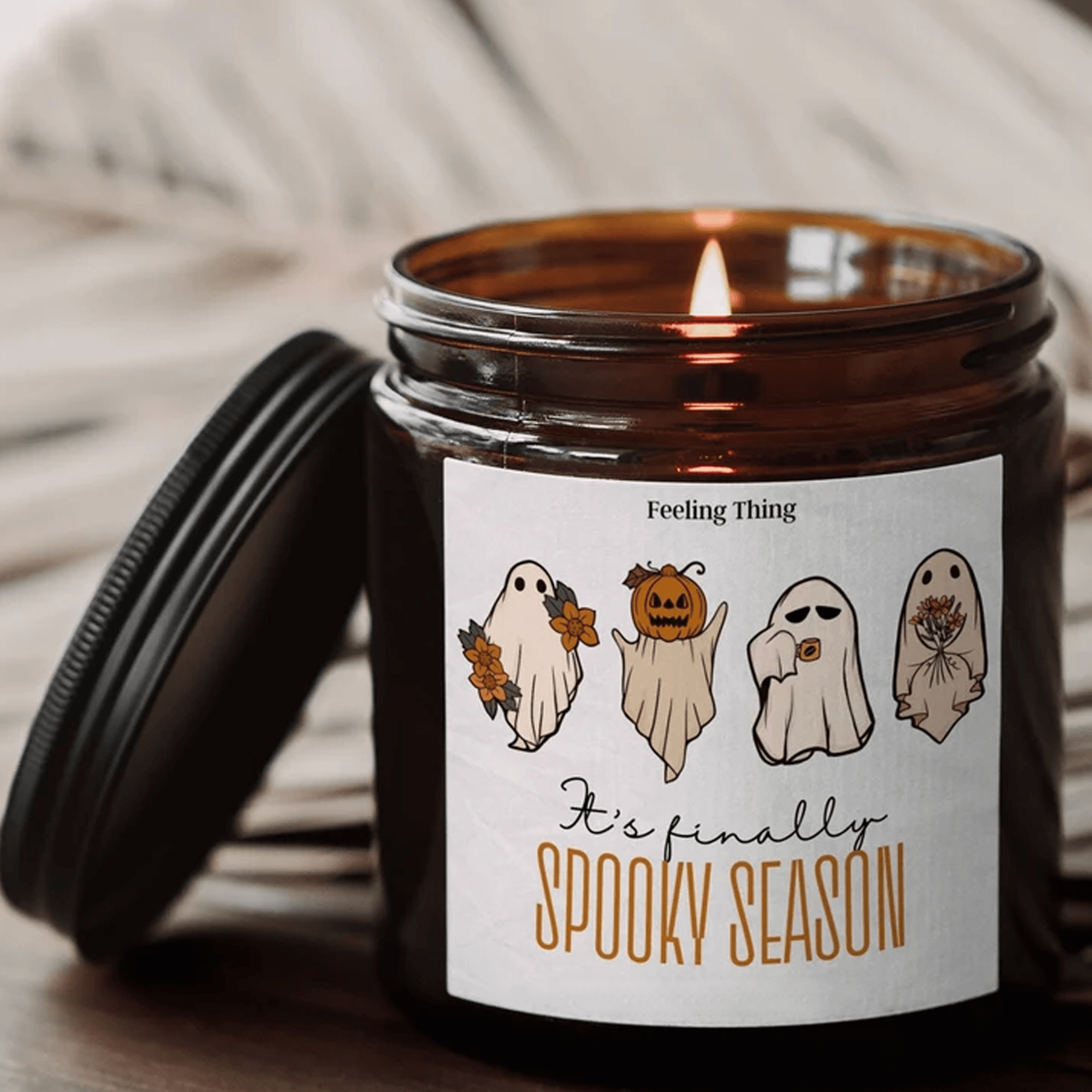 spooky season amber jar candle, fall halloween decor, cozy autumn gift, scented 9oz soy candle