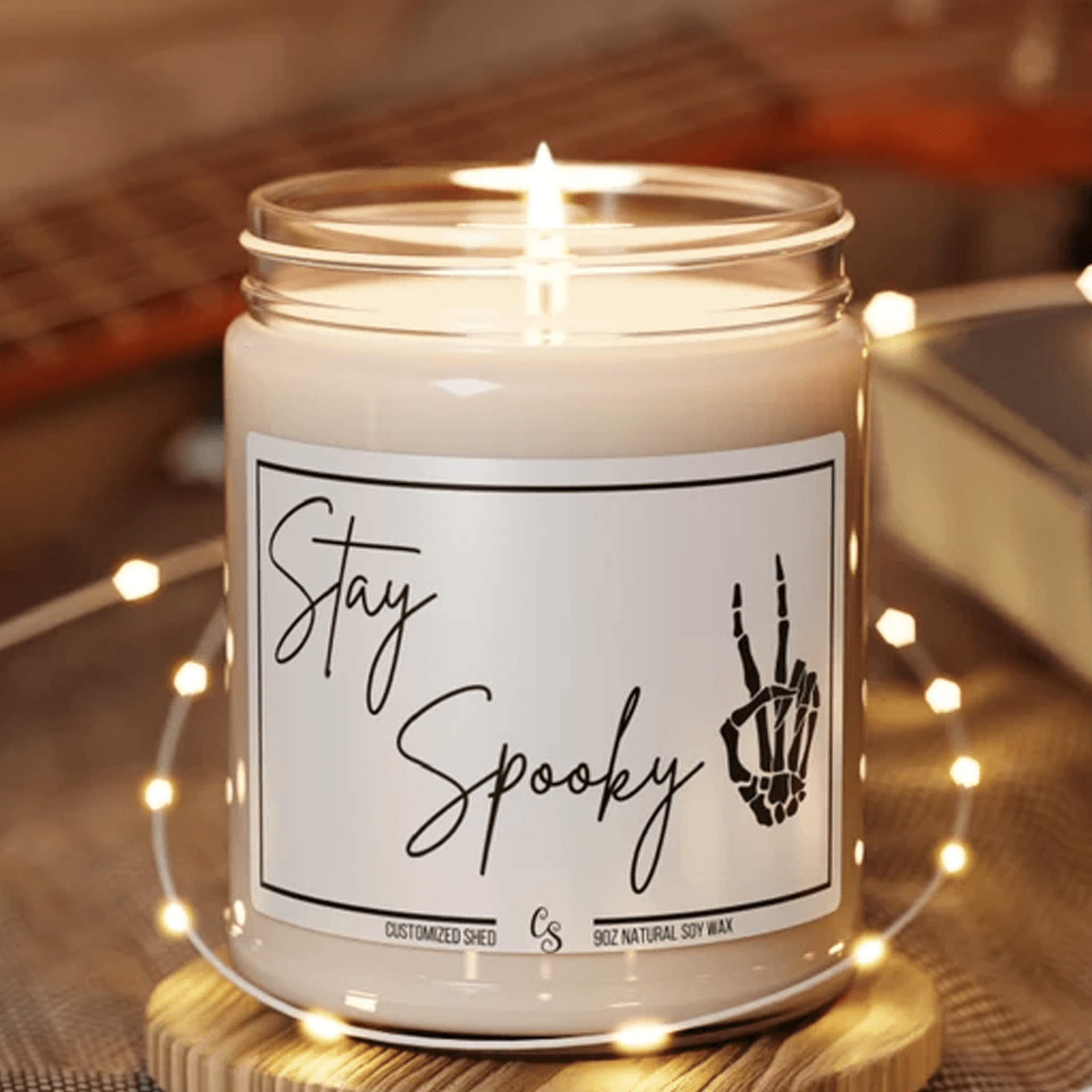 stay spooky 9oz soy candle, skeleton peace sign candle, halloween candle, spooky season decor, fall halloween gift