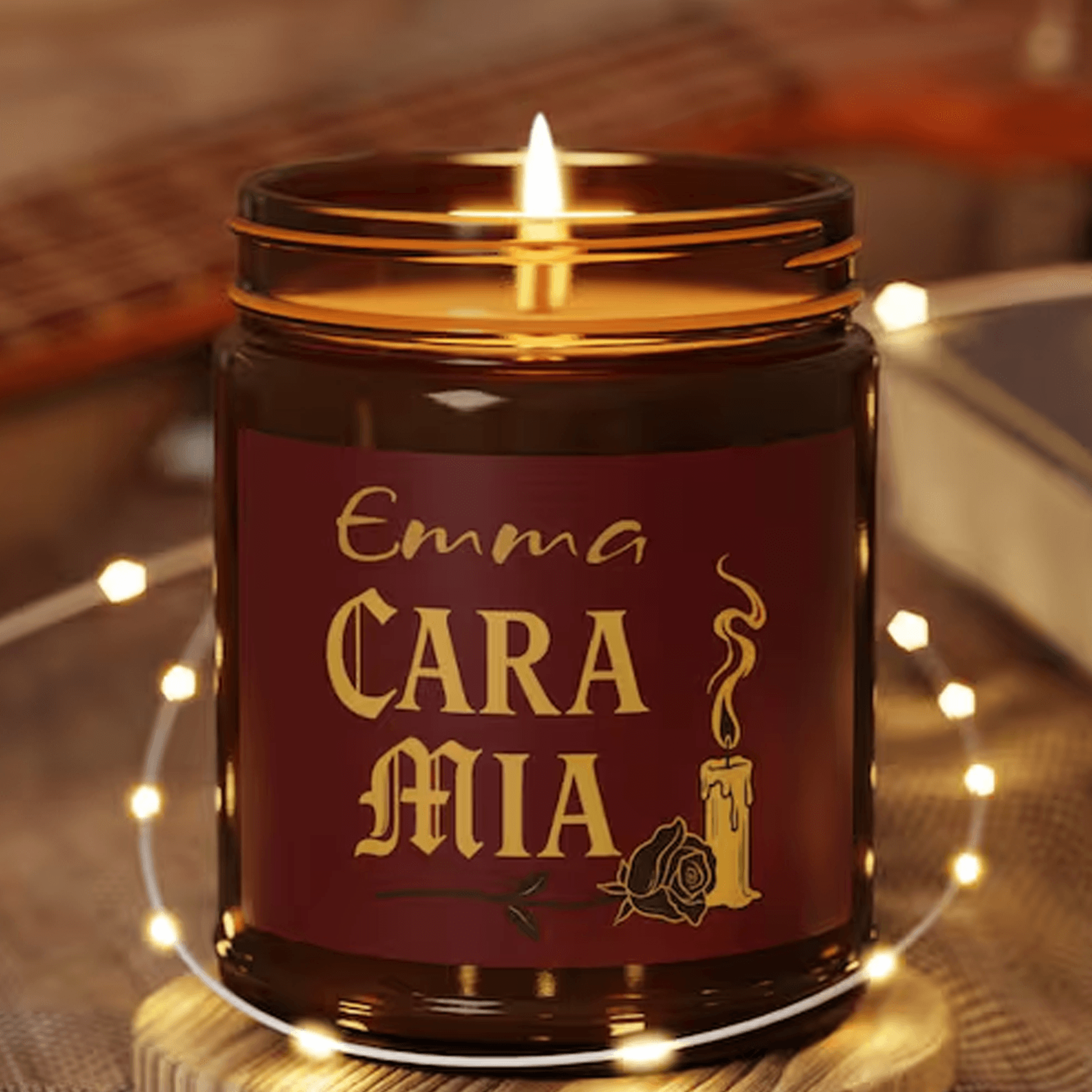personalized cara mia 9oz soy candle, gothic couple candle, custom halloween gift, romantic spooky decor, addams inspire