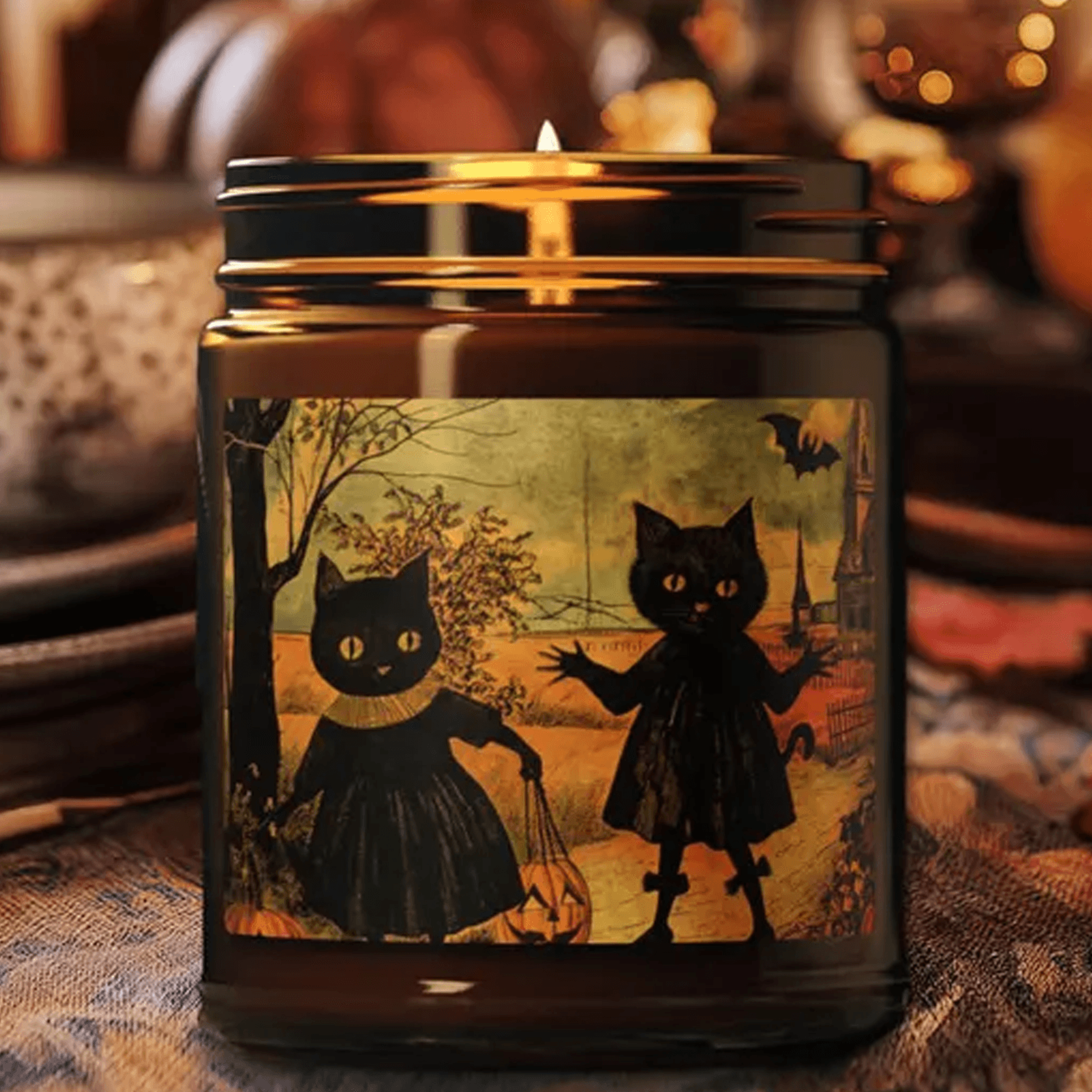 vintage black cat halloween 9oz soy candle, witchy halloween candle, gothic fall decor, spooky season gift, cat lover ca