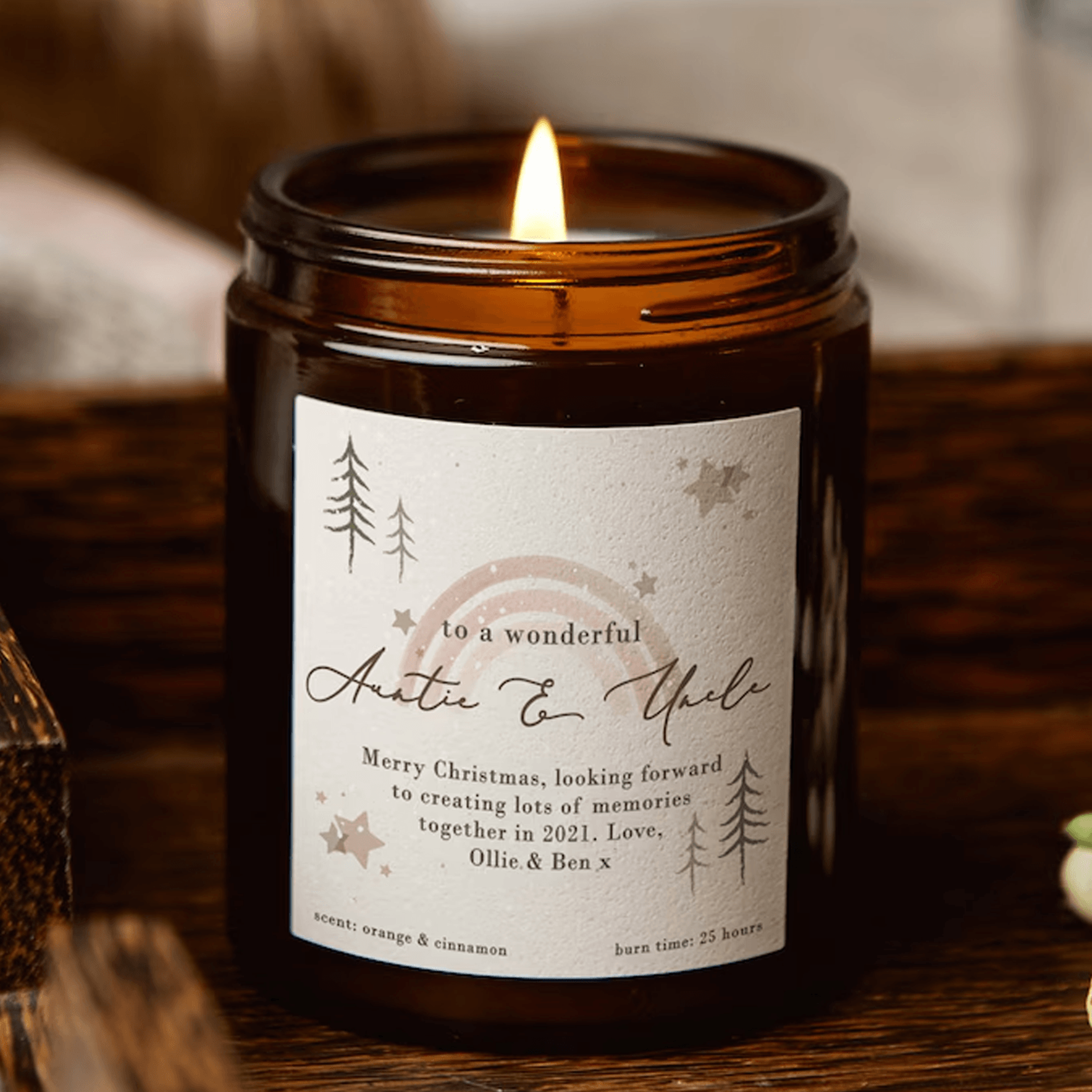 personalized auntie & uncle christmas candle, custom message soy wax candle, rainbow holiday gift, family xmas keepsake