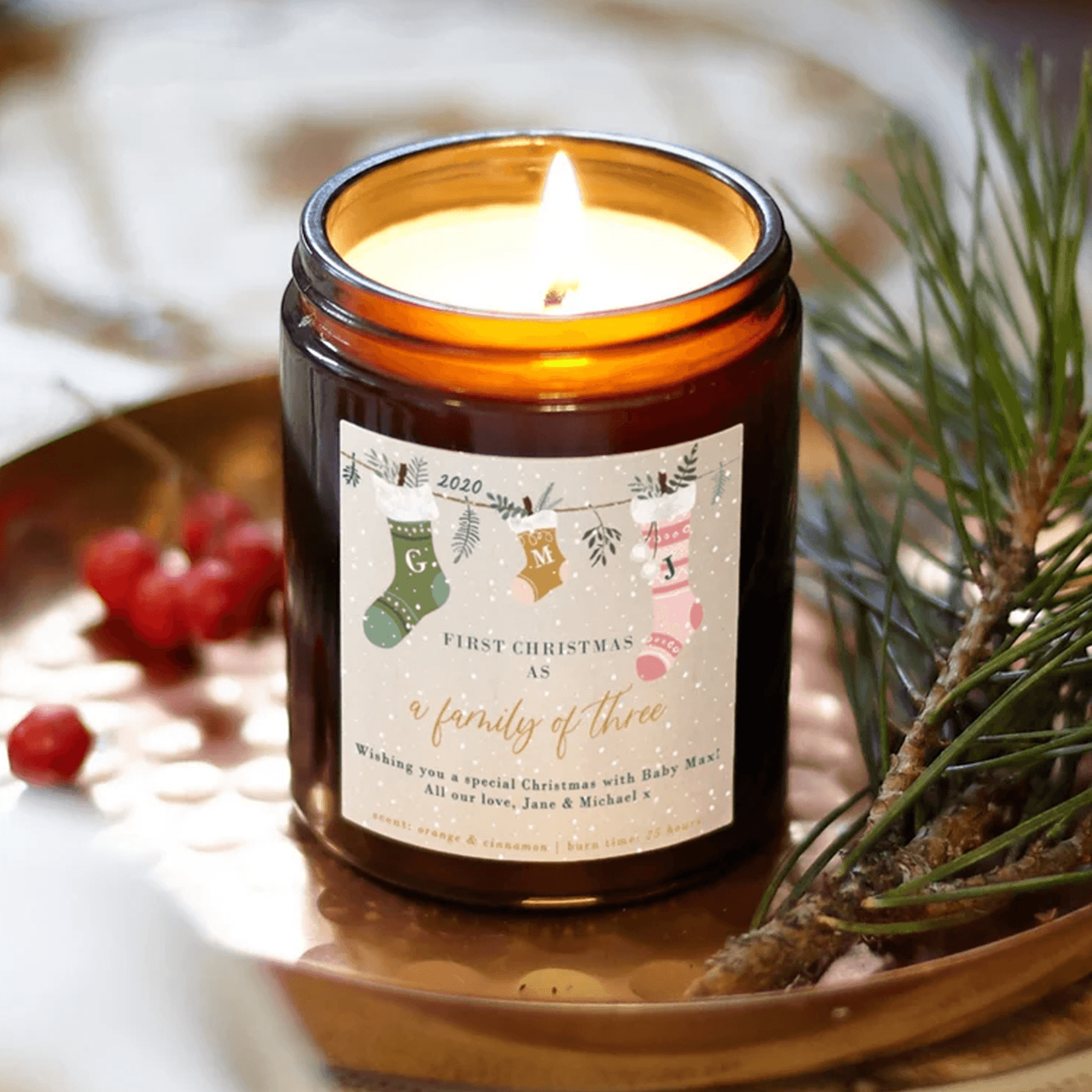 personalized first christmas family candle, custom family of 3 4 5 gift, new baby christmas keepsake, holiday candle gif