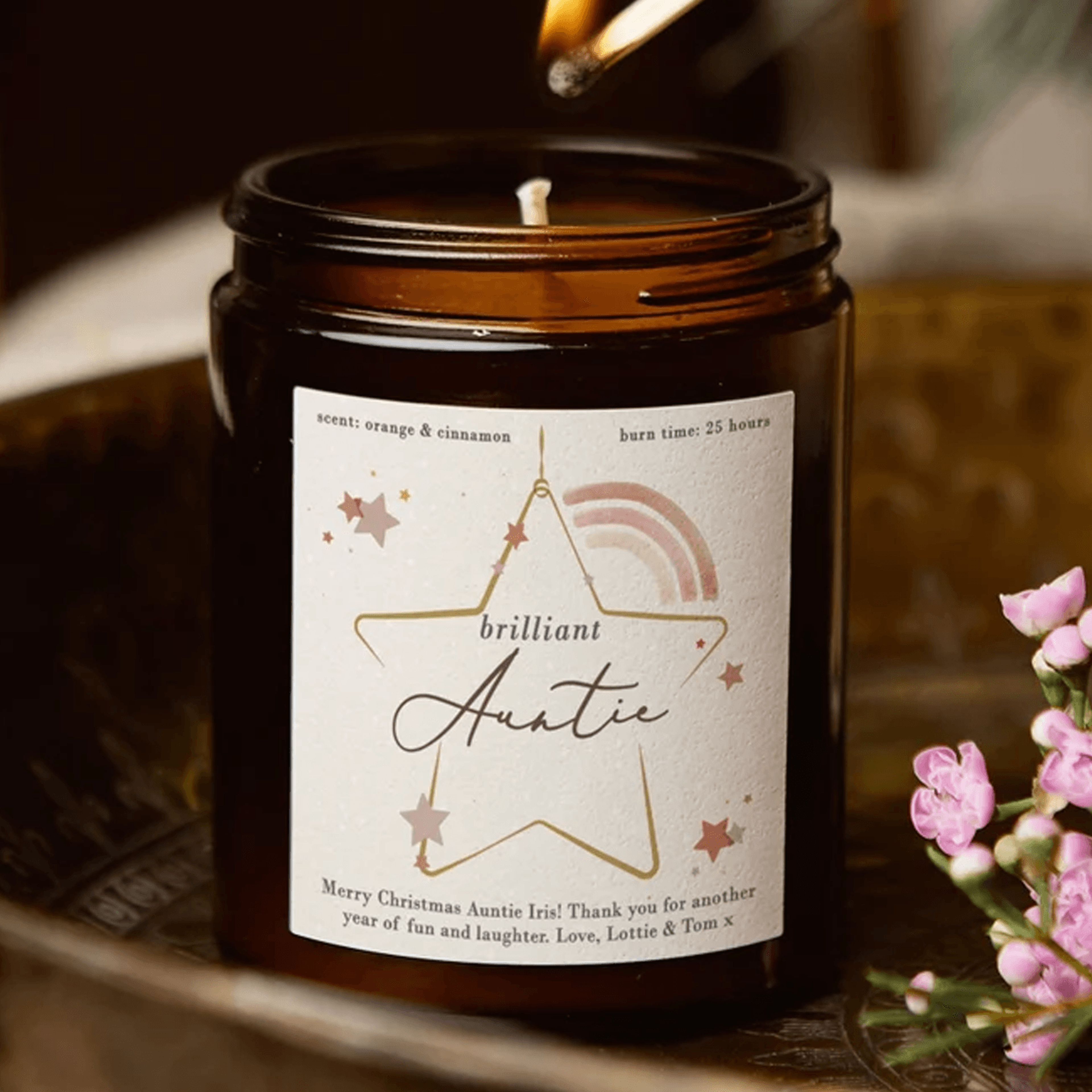 personalized auntie christmas candle, brilliant auntie soy wax candle, custom message xmas gift, scented holiday keepsak