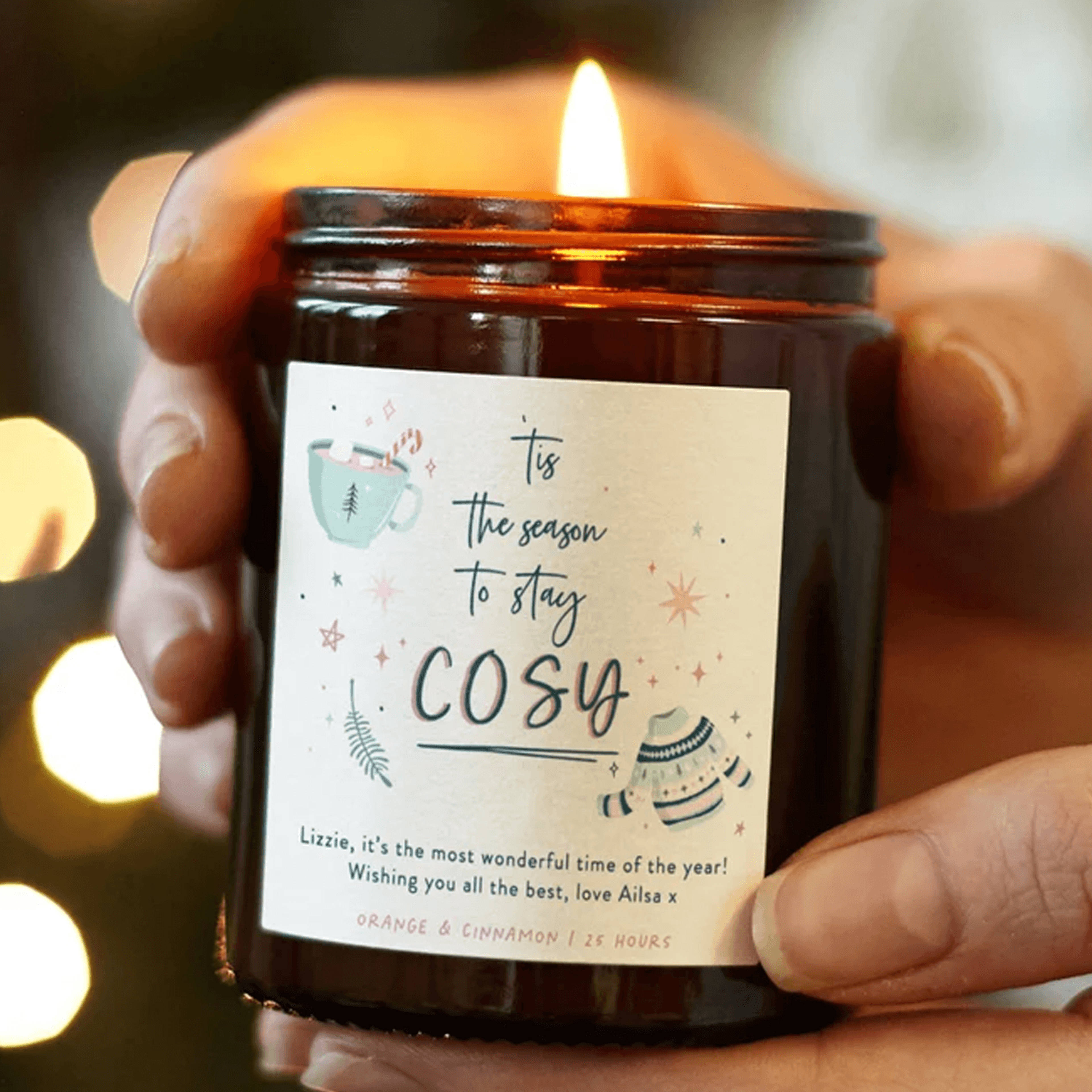 personalized tis the season christmas candle, stay cosy soy wax candle, custom message stocking filler, holiday gift