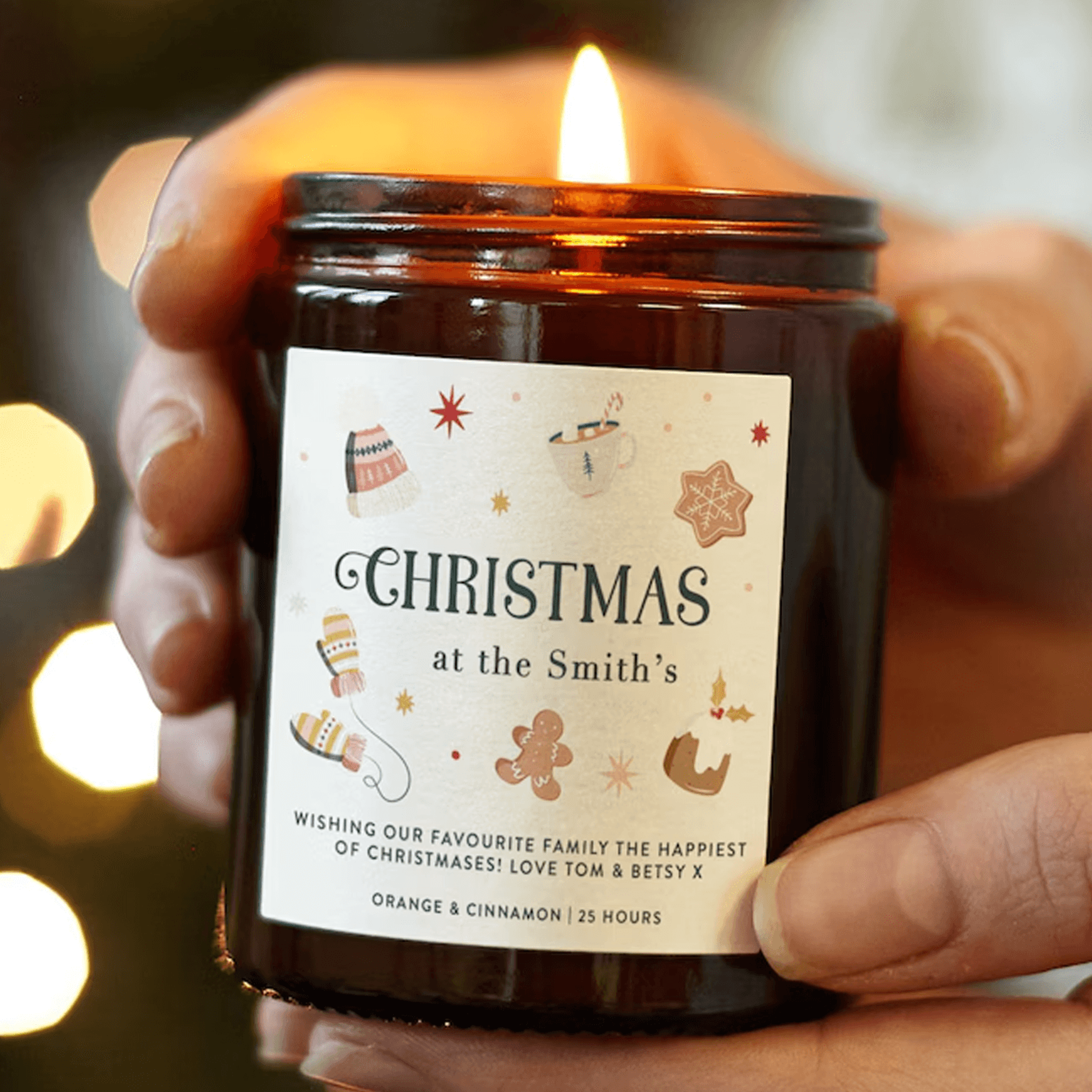 personalized family christmas candle, custom family name scented candle, christmas tree holiday gift, xmas keepsake