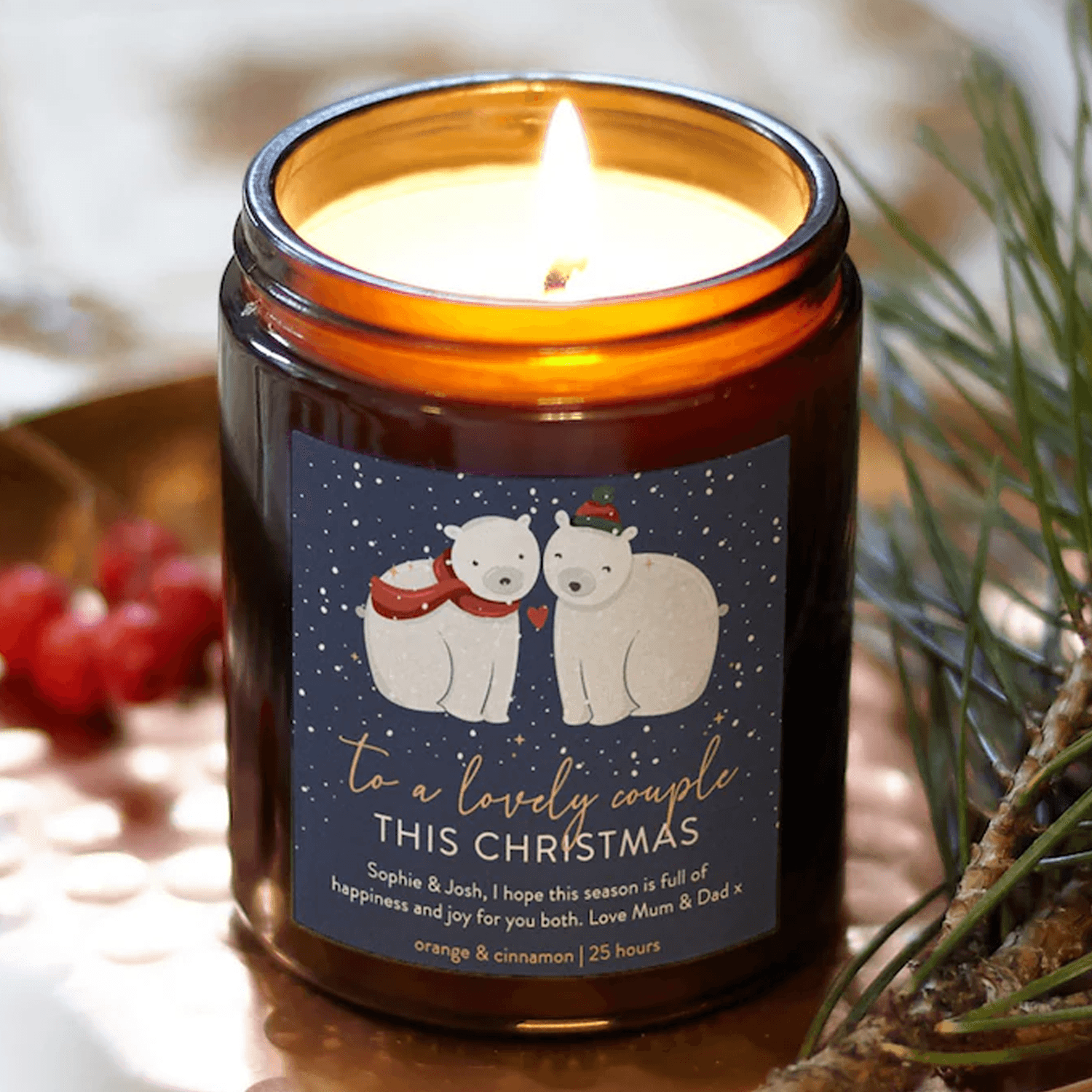 personalized polar bear couple christmas candle, custom couples soy wax candle, scented holiday gift, xmas keepsake