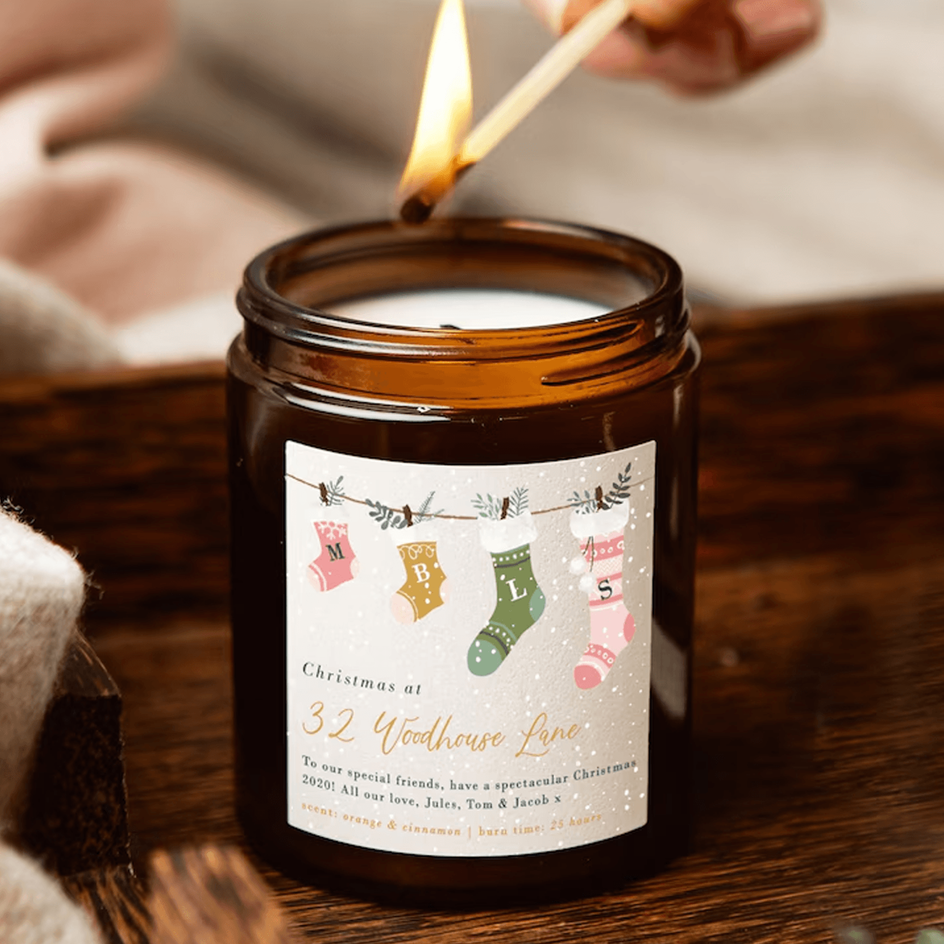 personalized christmas stockings family candle, custom address soy wax candle, family xmas gift, holiday home keepsake