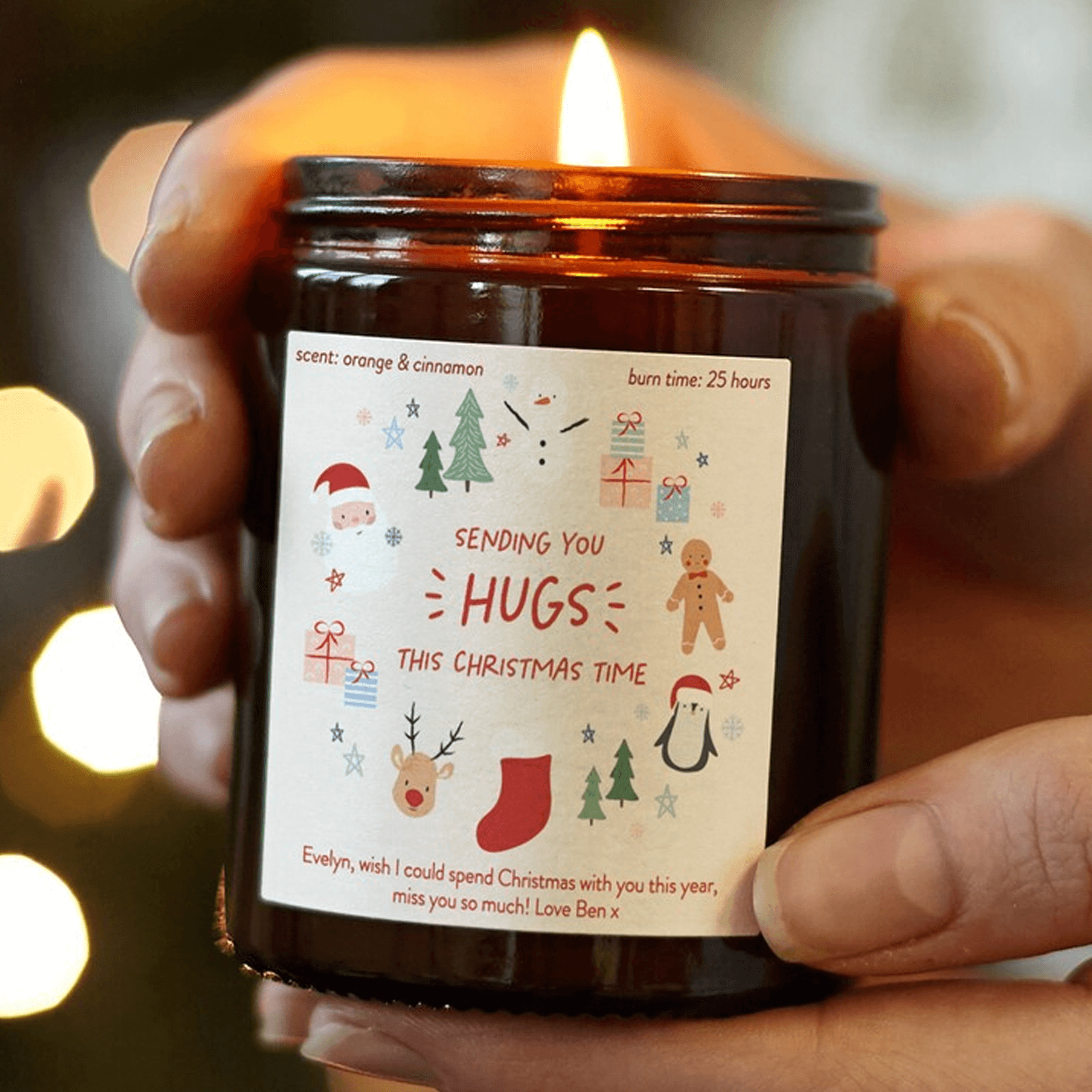personalized christmas big hug candle, thinking of you soy wax candle, custom message scented xmas gift, hugs from afar