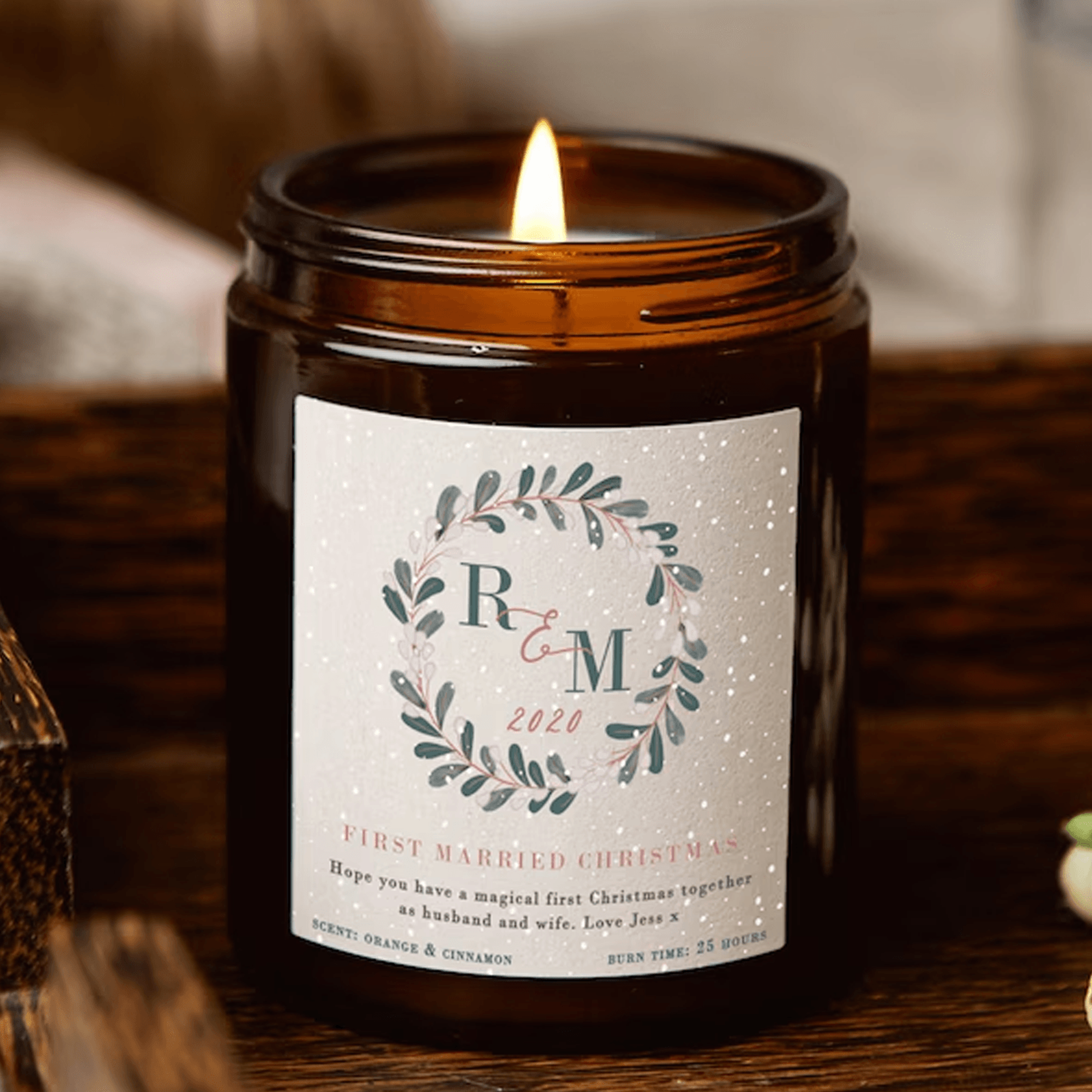 personalized first married christmas candle, newlywed couple soy wax candle, custom mr & mrs xmas gift, wedding keepsake