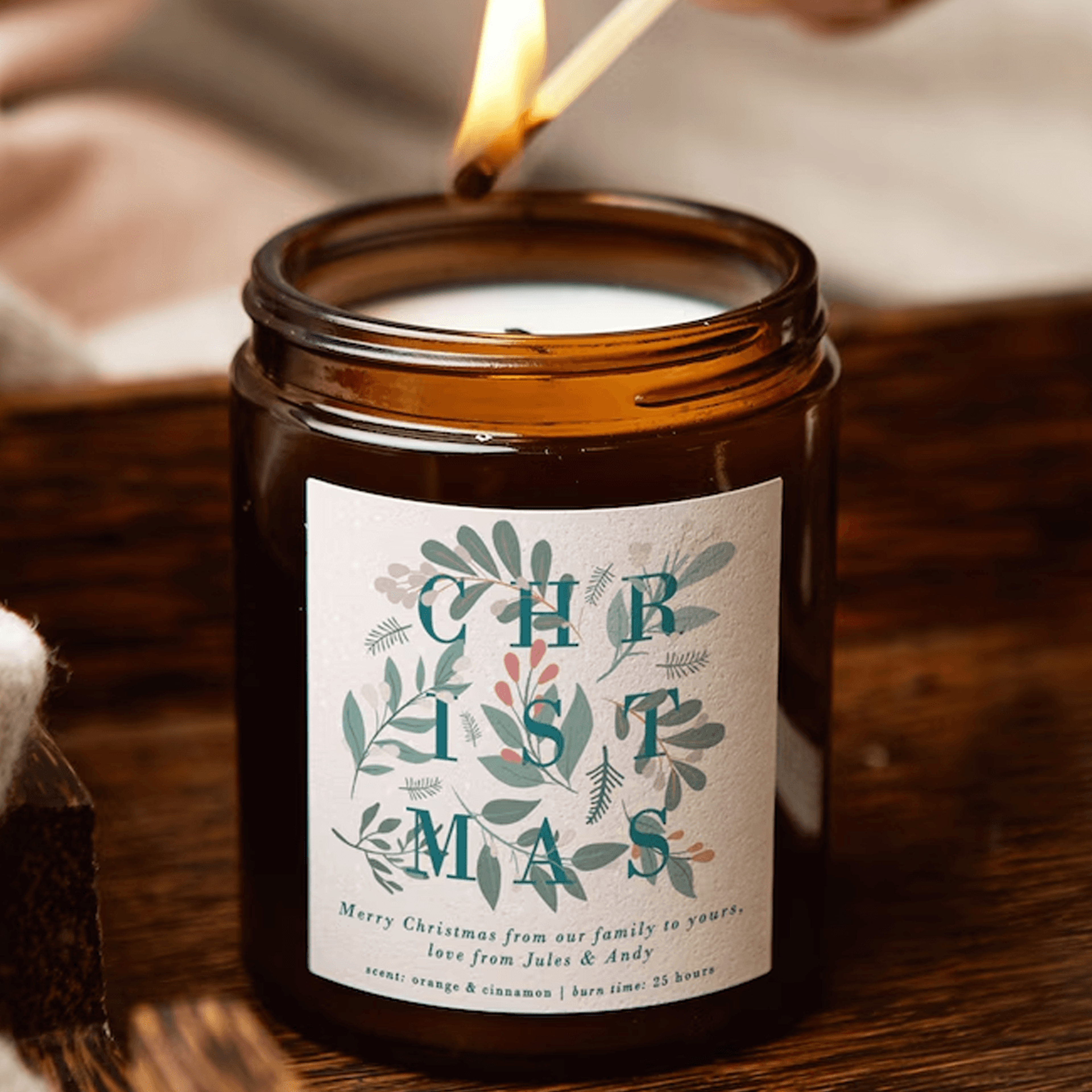 personalized botanical christmas candle, scented soy wax apothecary candle, custom family message xmas gift, holiday kee