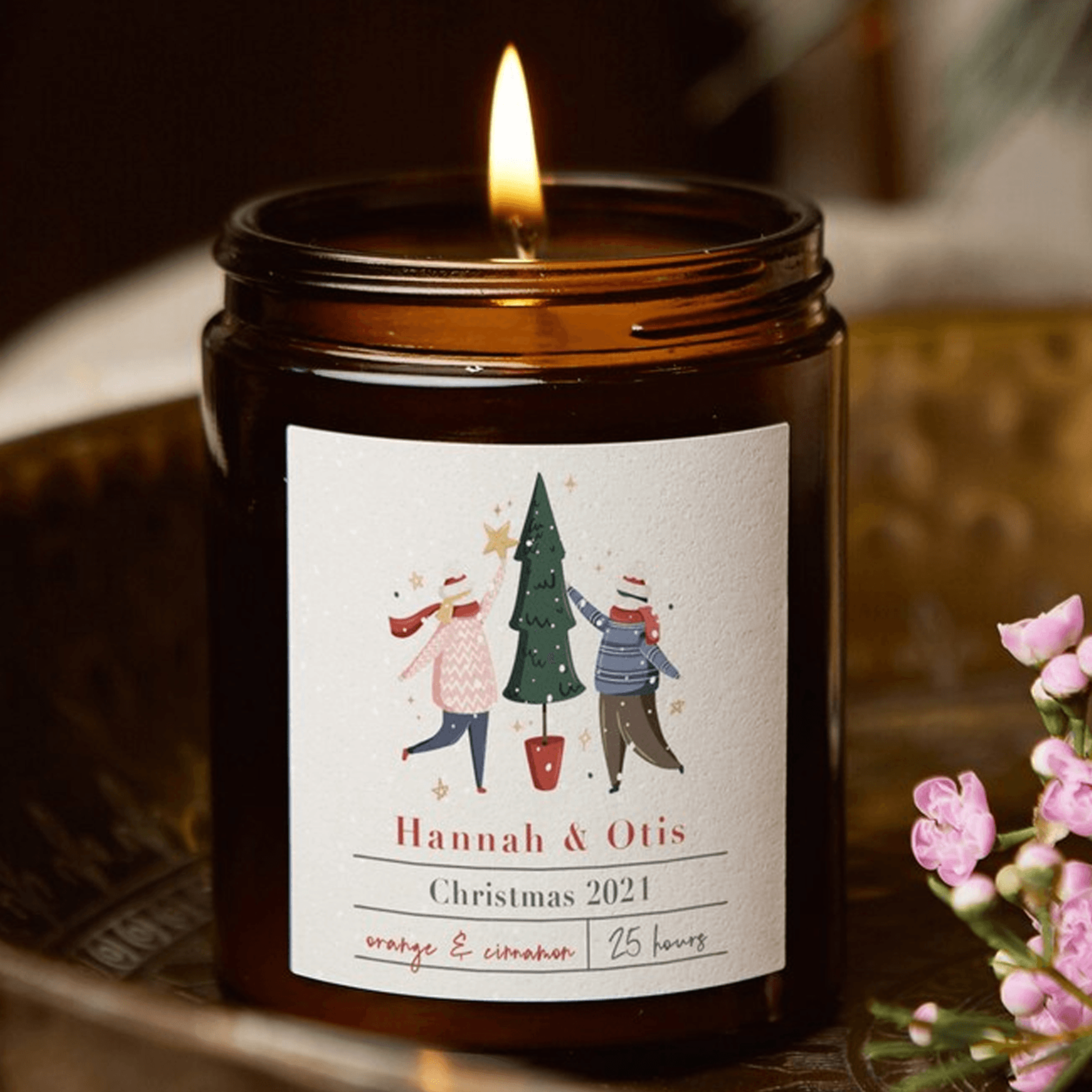 personalized christmas tree couple candle, custom names soy wax candle, scented xmas gift for couples, holiday keepsake