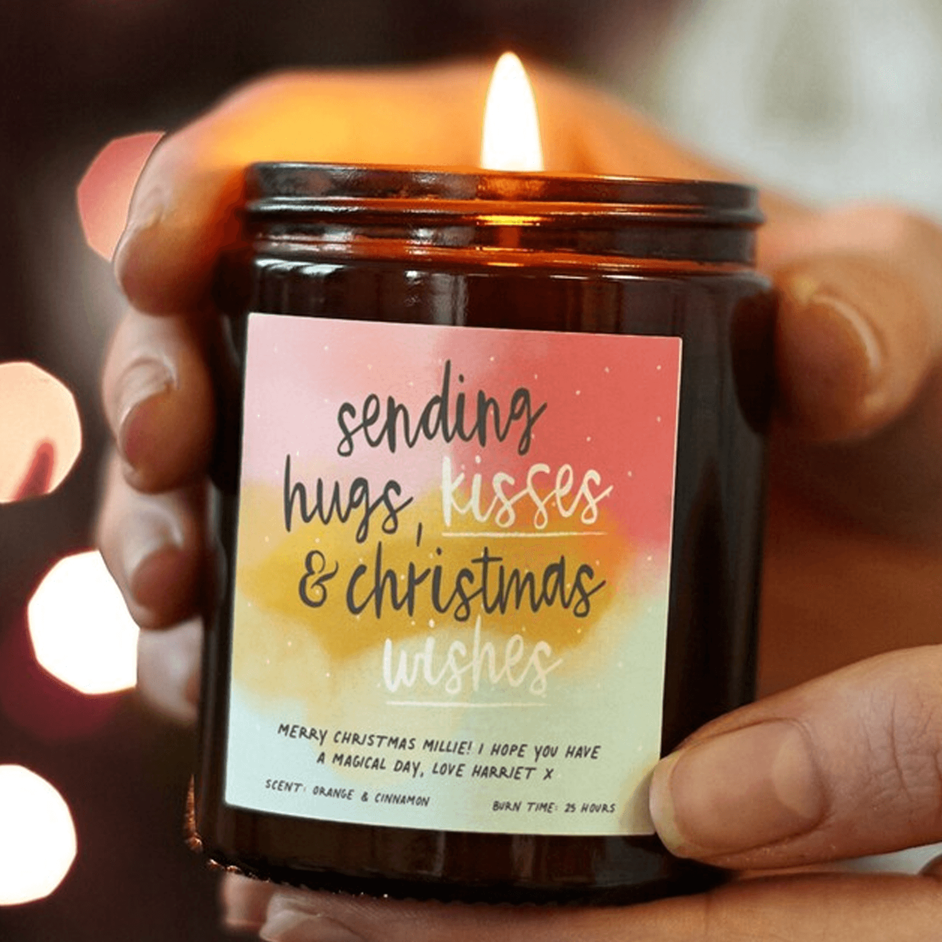 rainbow christmas wishes scented candle, hugs & kisses holiday candle, soy wax xmas gift for her, festive keepsake