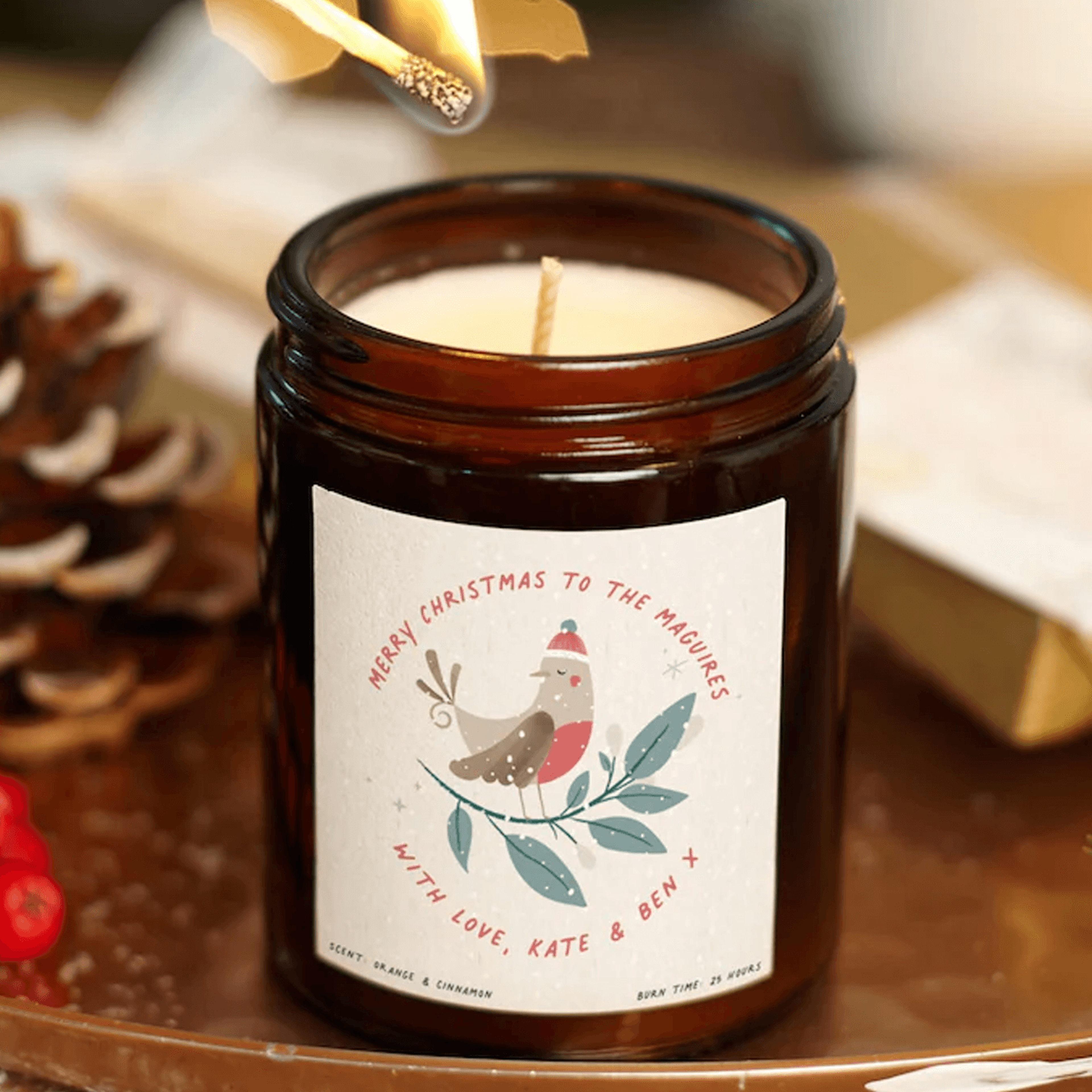 personalized robin christmas candle, custom family soy wax candle, scented xmas gift for friends, holiday keepsake