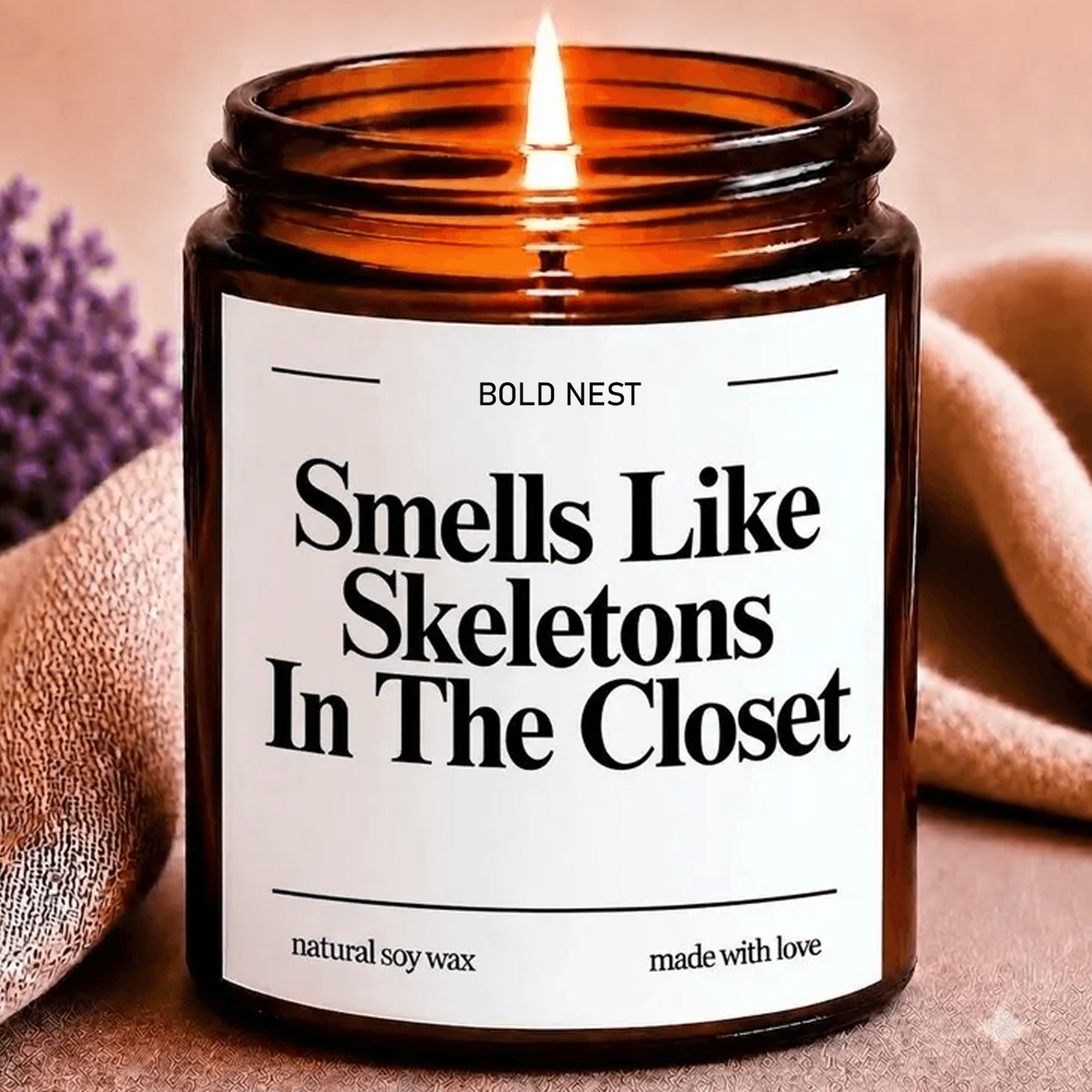 skeletons in the closet candle, funny halloween gift, spooky season candle, dark humor gift, gothic fall decor