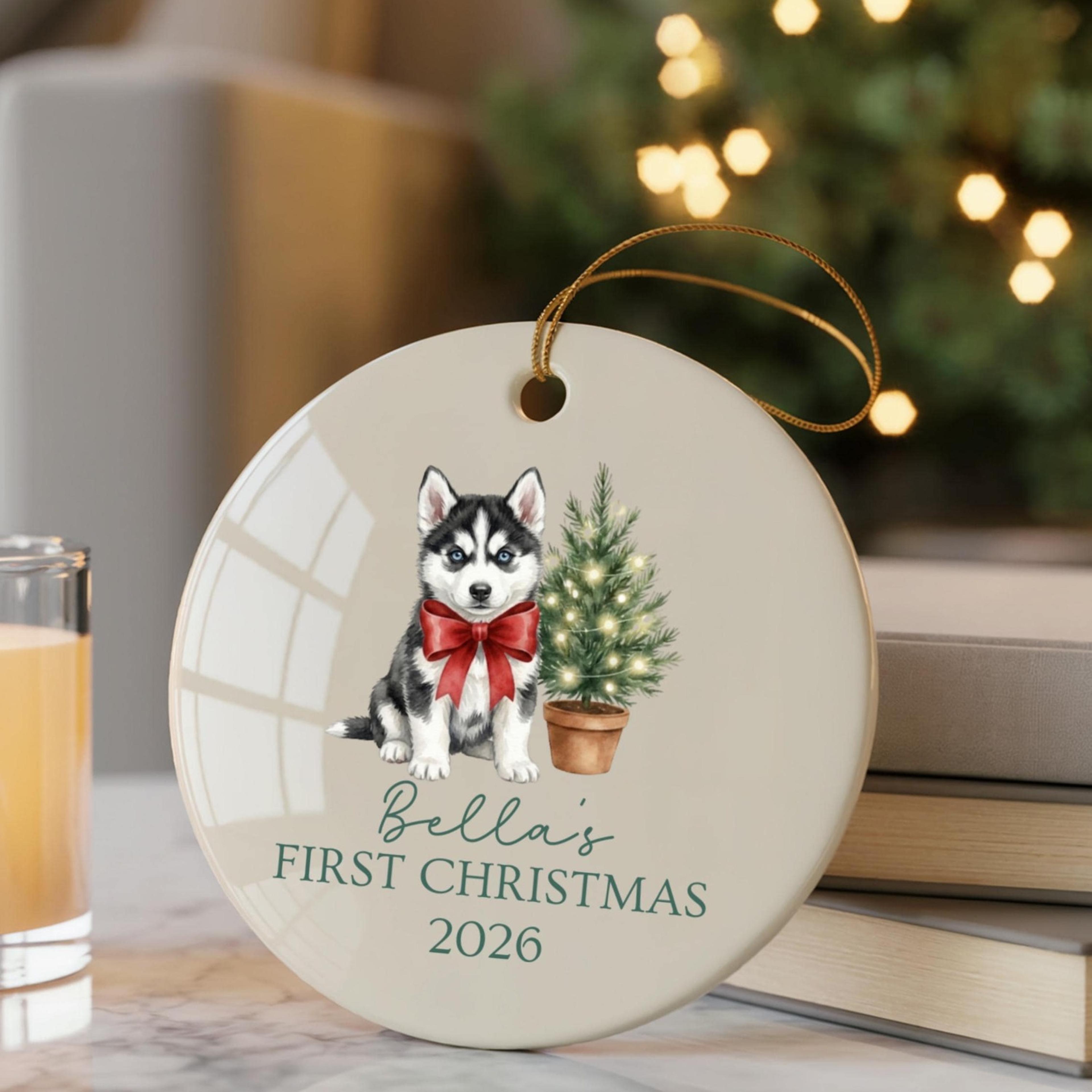 custom first christmas blue eyed husky ornament, personalized siberian husky dog gift, new puppy christmas keepsake