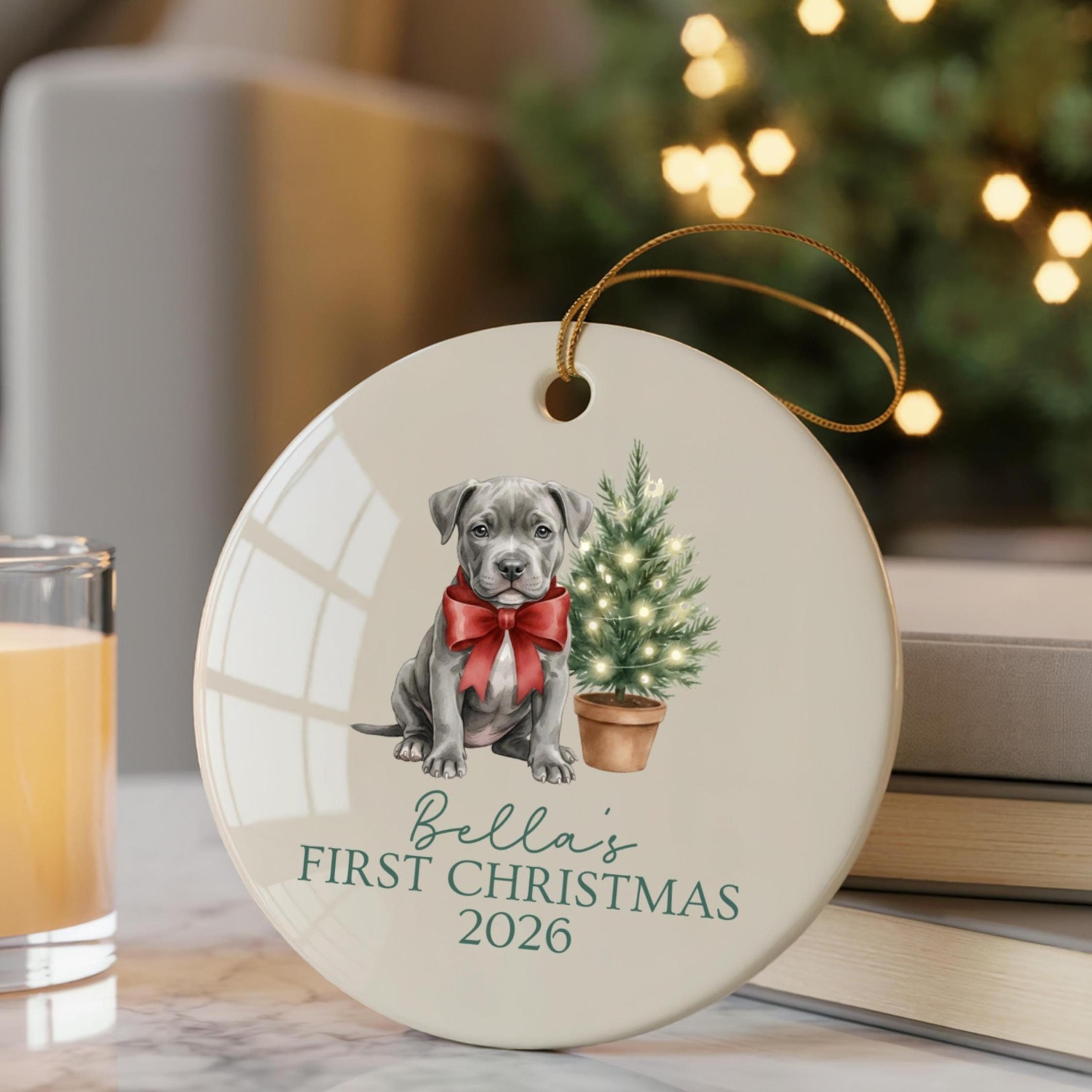 custom blue pit bull christmas ornament, personalized pitbull dog ornament, blue nose pitbull gift, first christmas