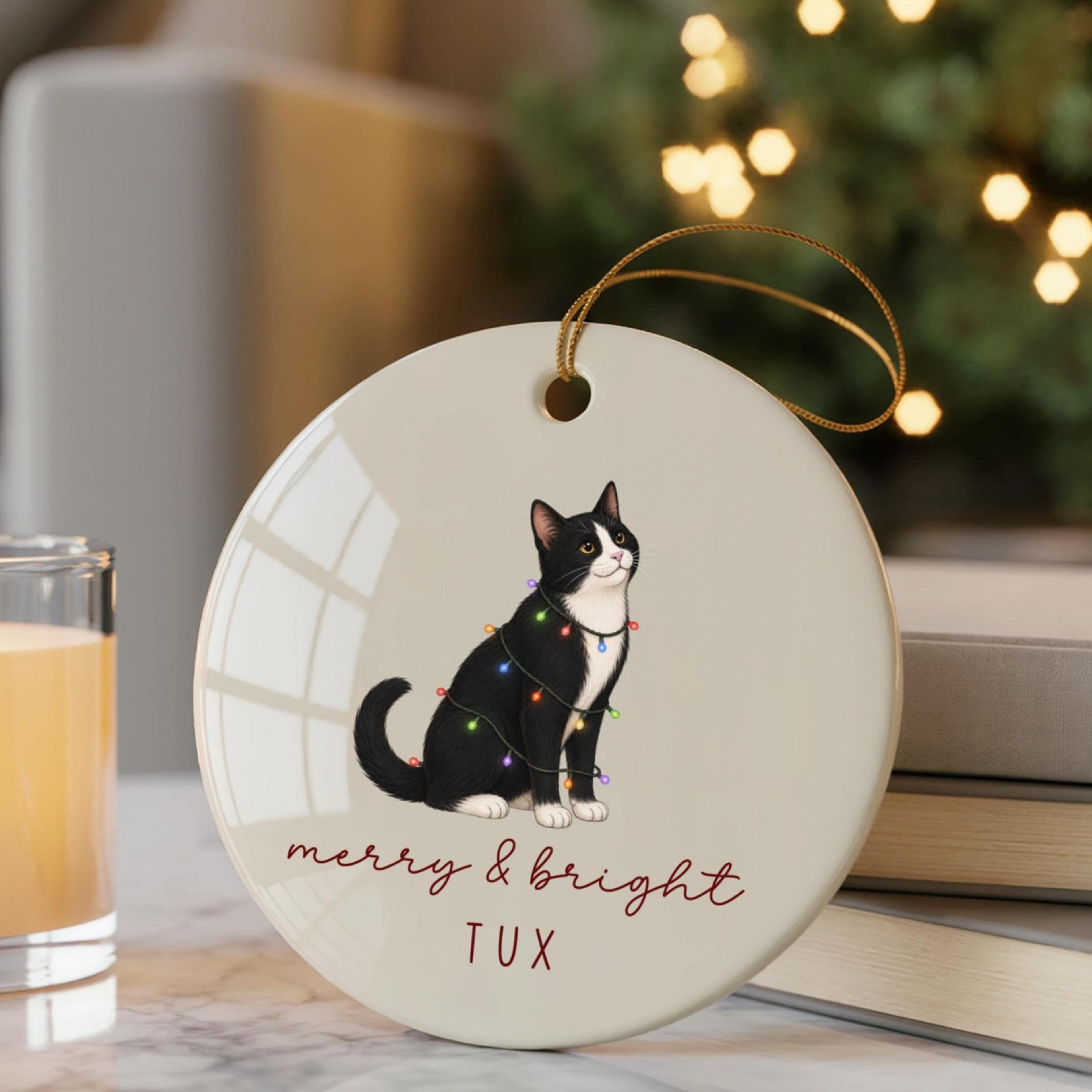 personalized tuxedo cat christmas ornament, custom black white cat ornament, cat lover gift, personalized pet name keep
