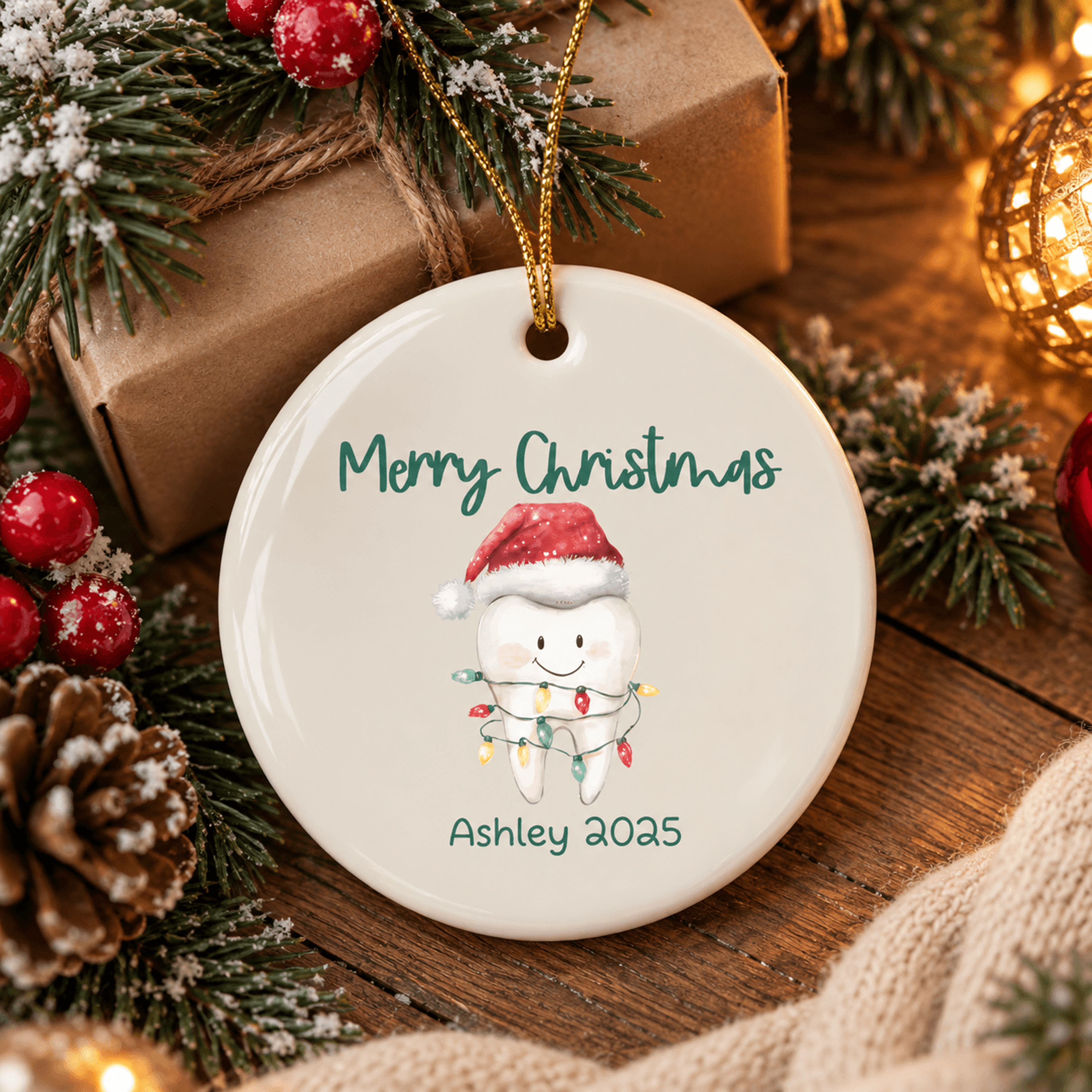 personalized tooth christmas ornament, custom dentist gift, dental hygienist gift, dental assistant holiday keepsake