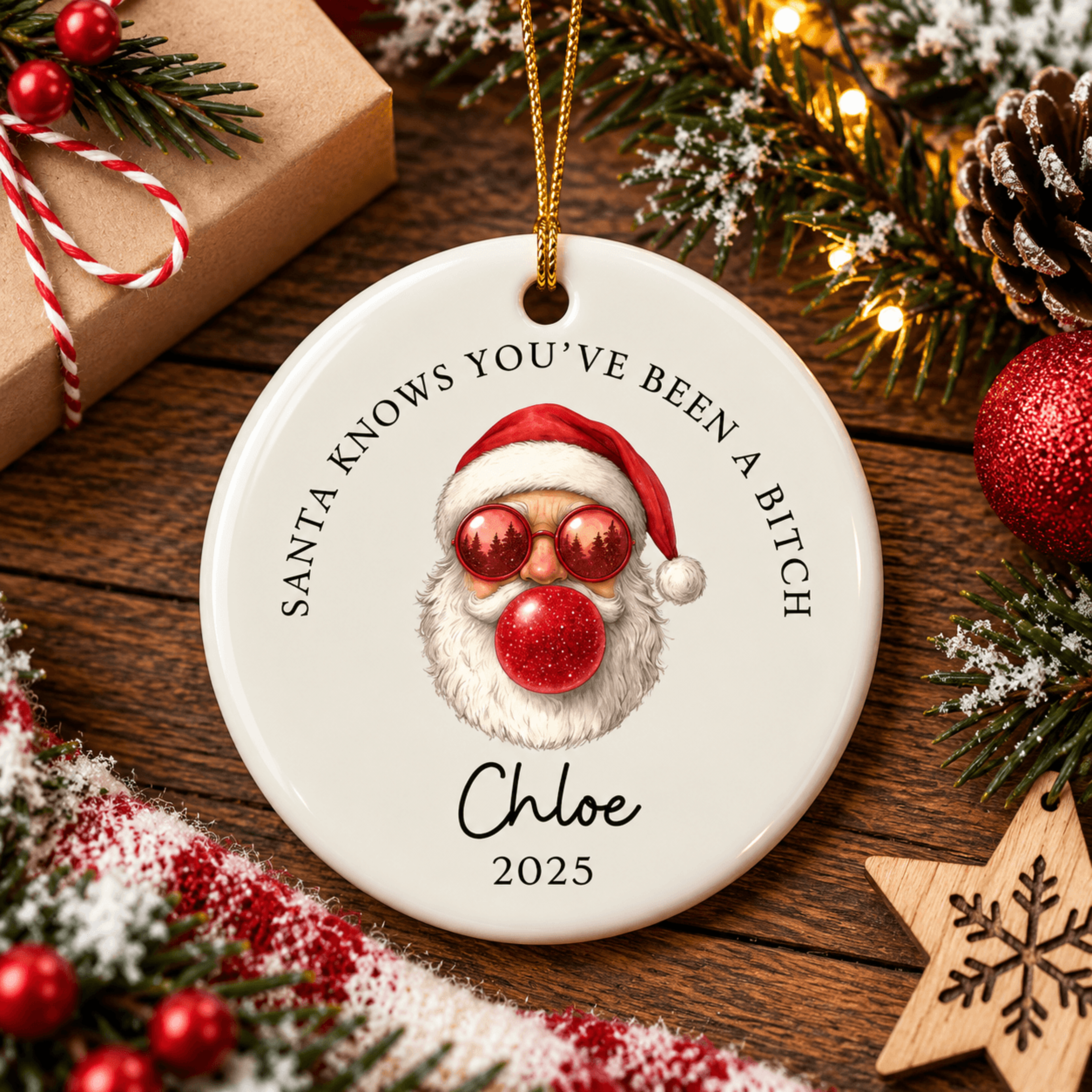 personalized funny santa christmas ornament, santa knows you've been naughty gift, custom name 2025 holiday keepsake