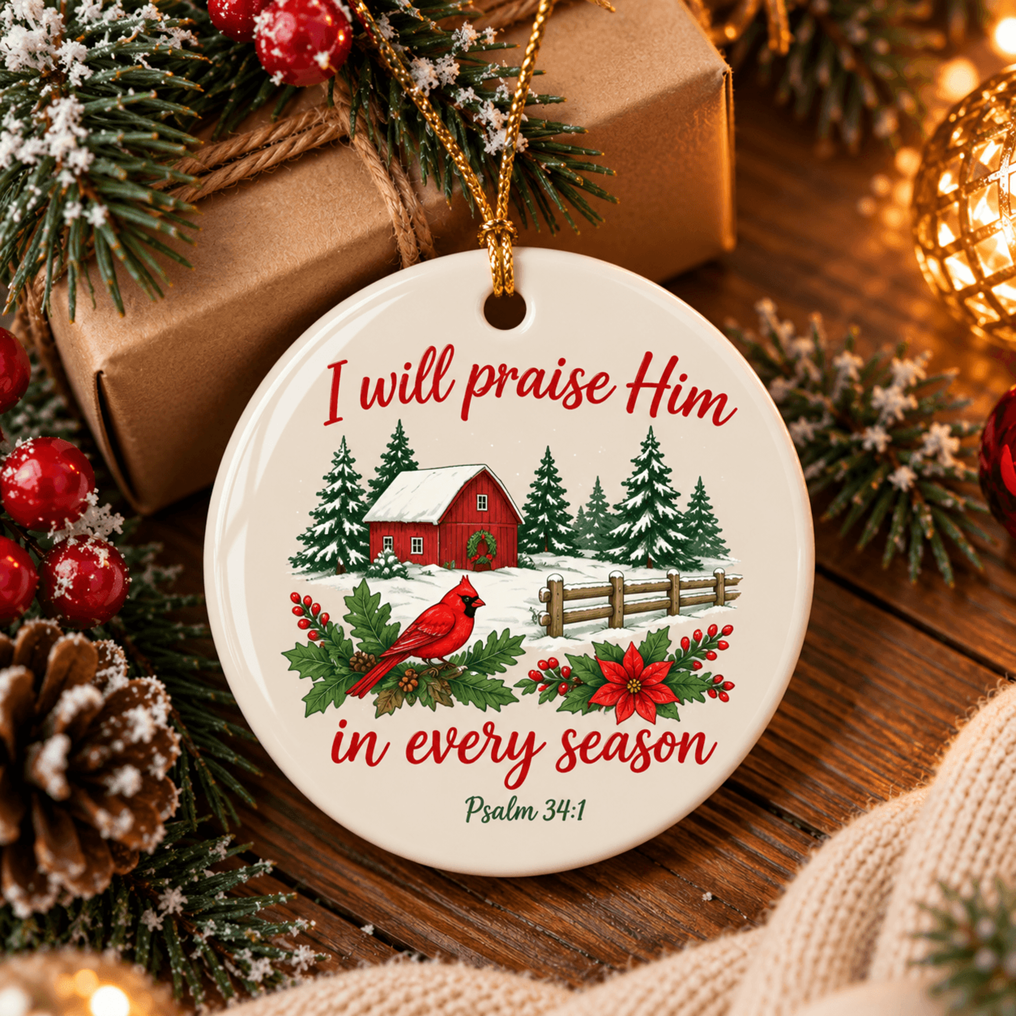 i will praise him in every season christmas ornament, psalm 34:1 christian gift, cardinal faith holiday decoration
