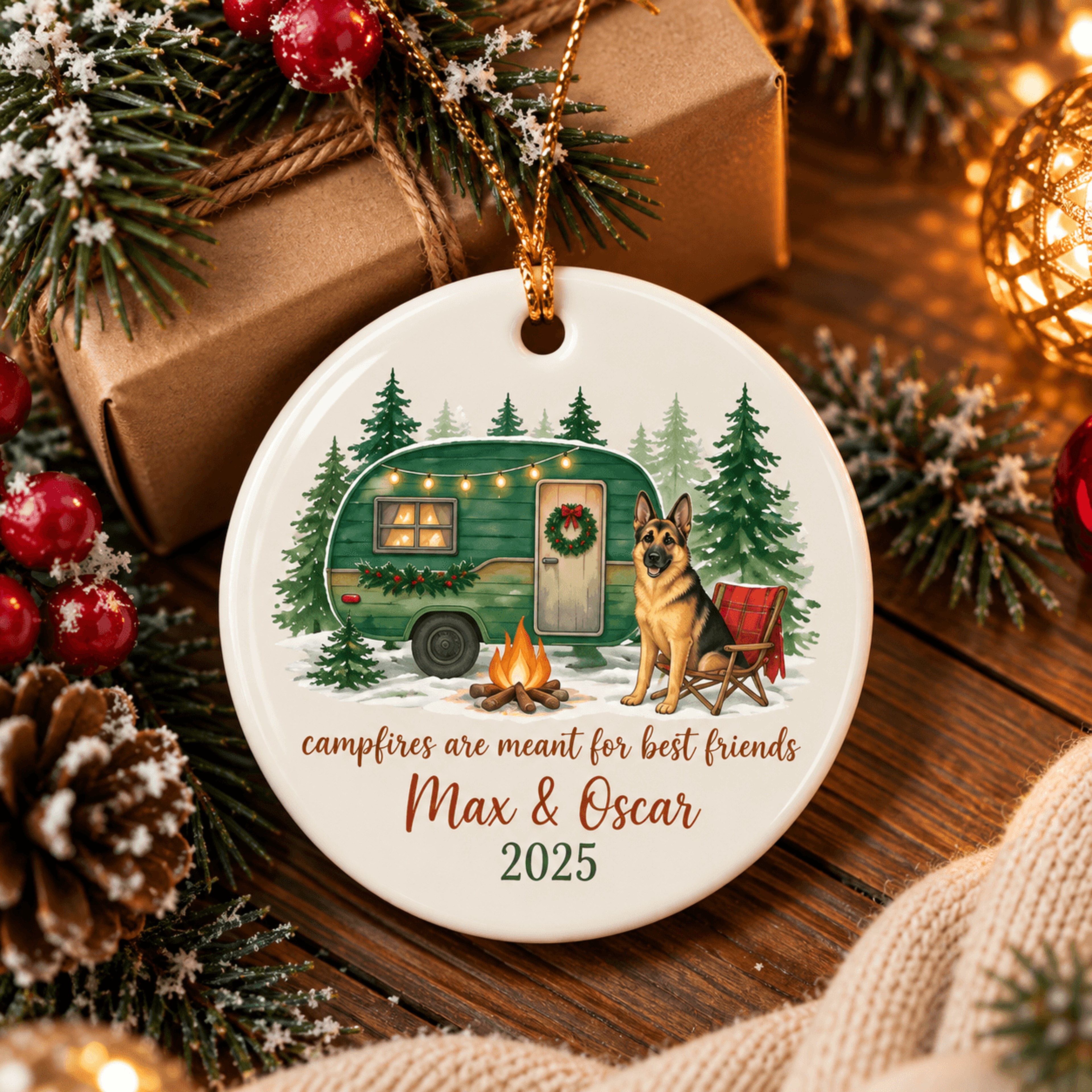 personalized camping dog christmas ornament, custom pet name year camper gift, best friends campfire keepsake, dog lover