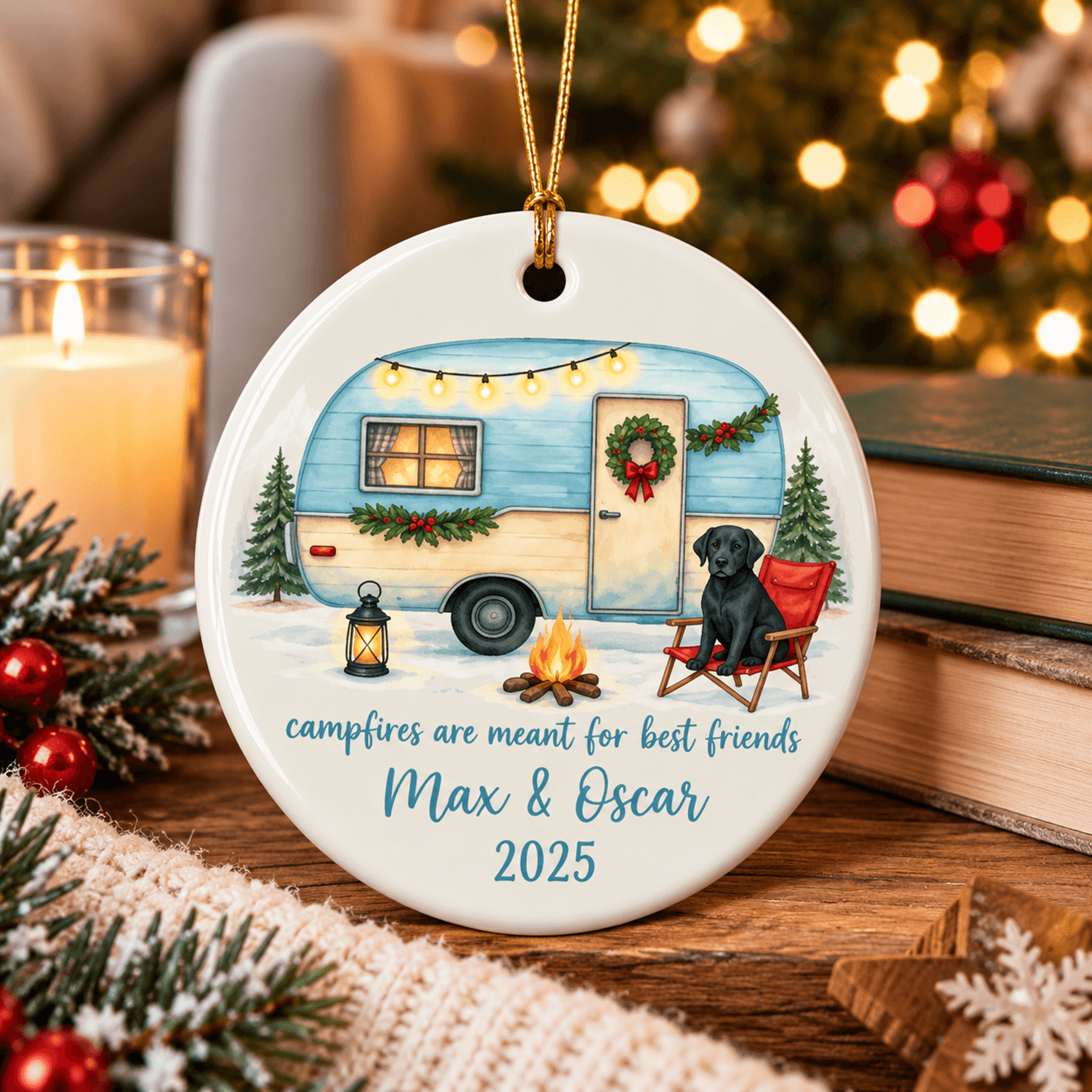 personalized camping dog ornament, custom pet name year camper christmas gift, campfire best friends keepsake, dog lover
