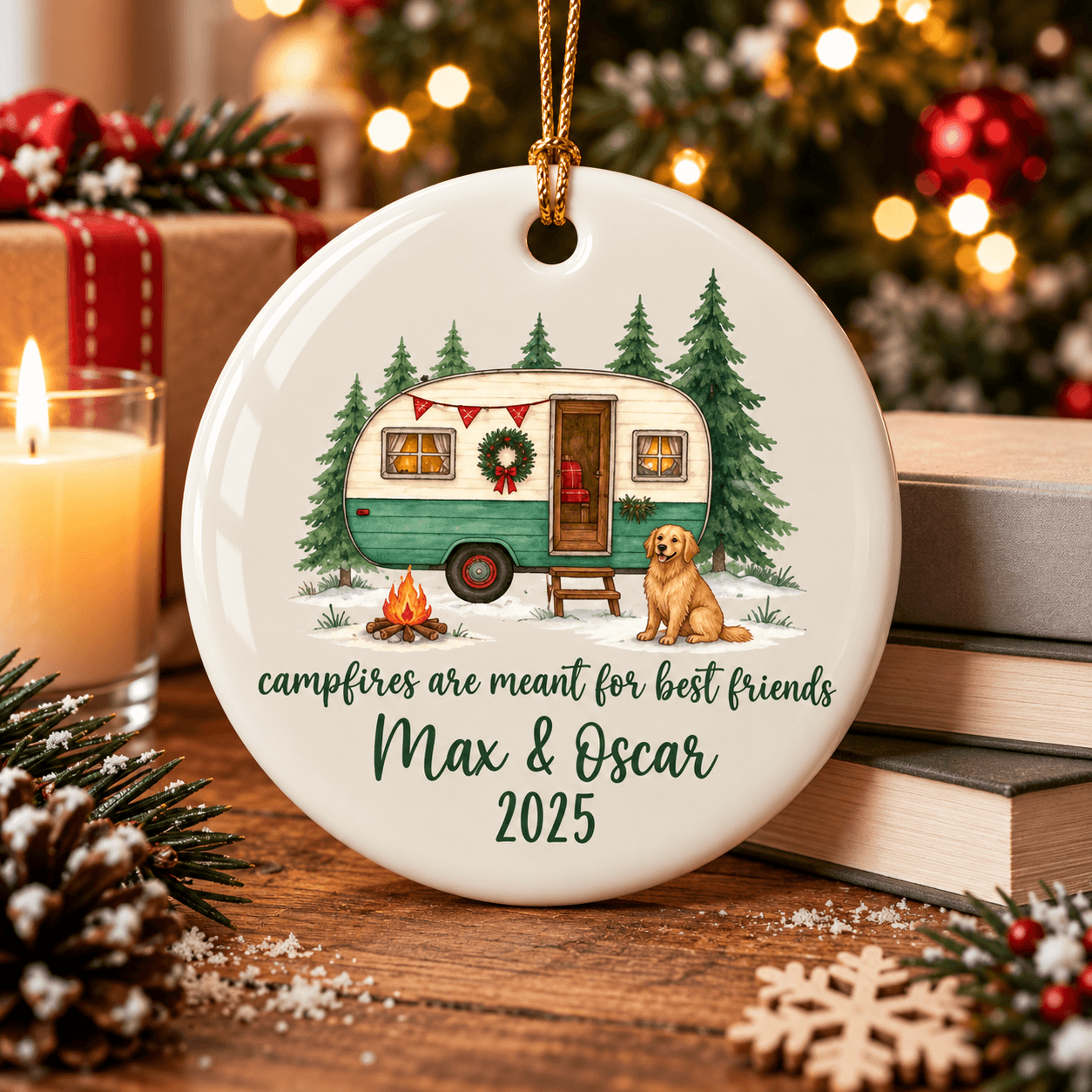 personalized camping dog christmas ornament, custom pet names year camper gift, campfire best friends keepsake