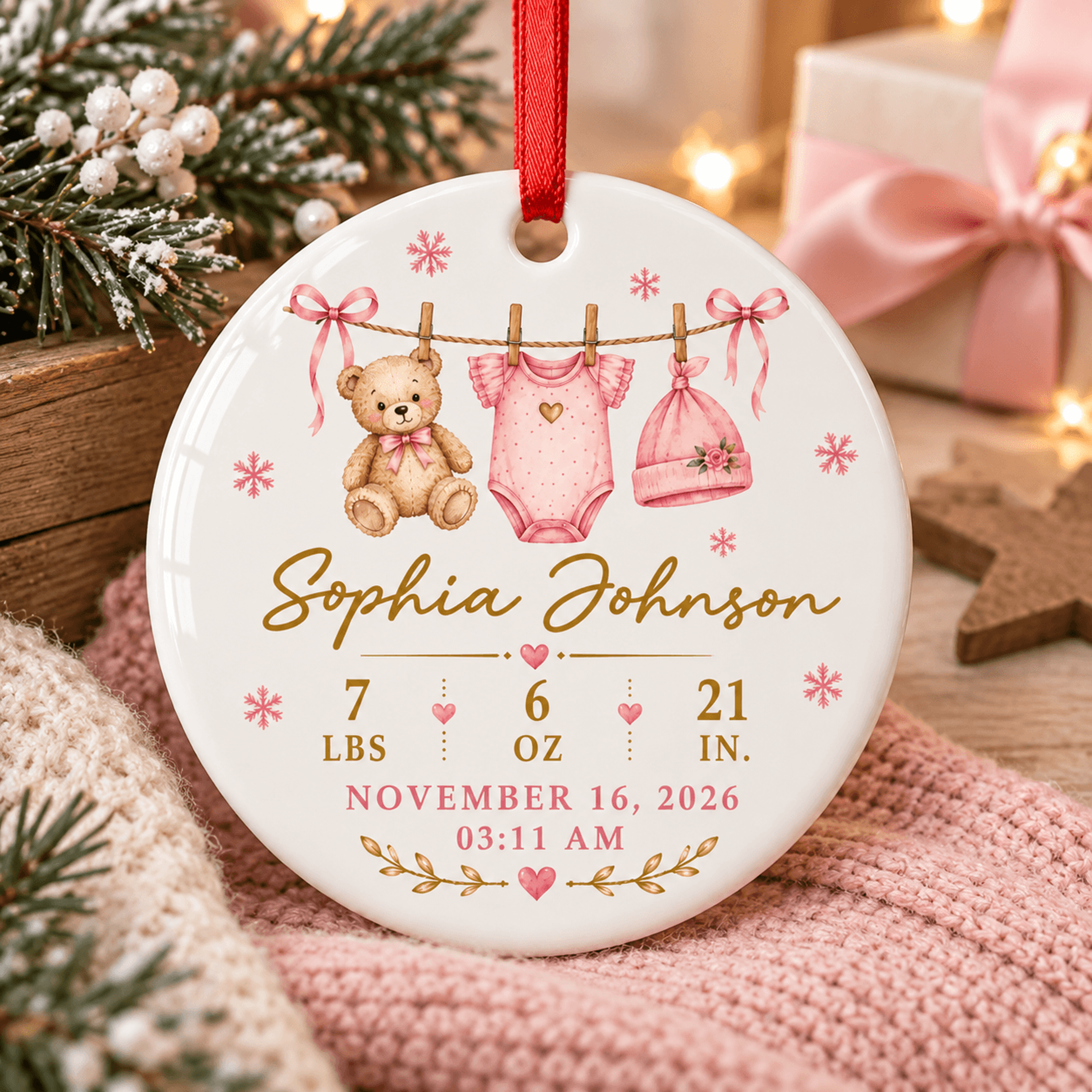 personalized baby girl first christmas ornament, custom birth stats keepsake, newborn girl gift, baby name christmas