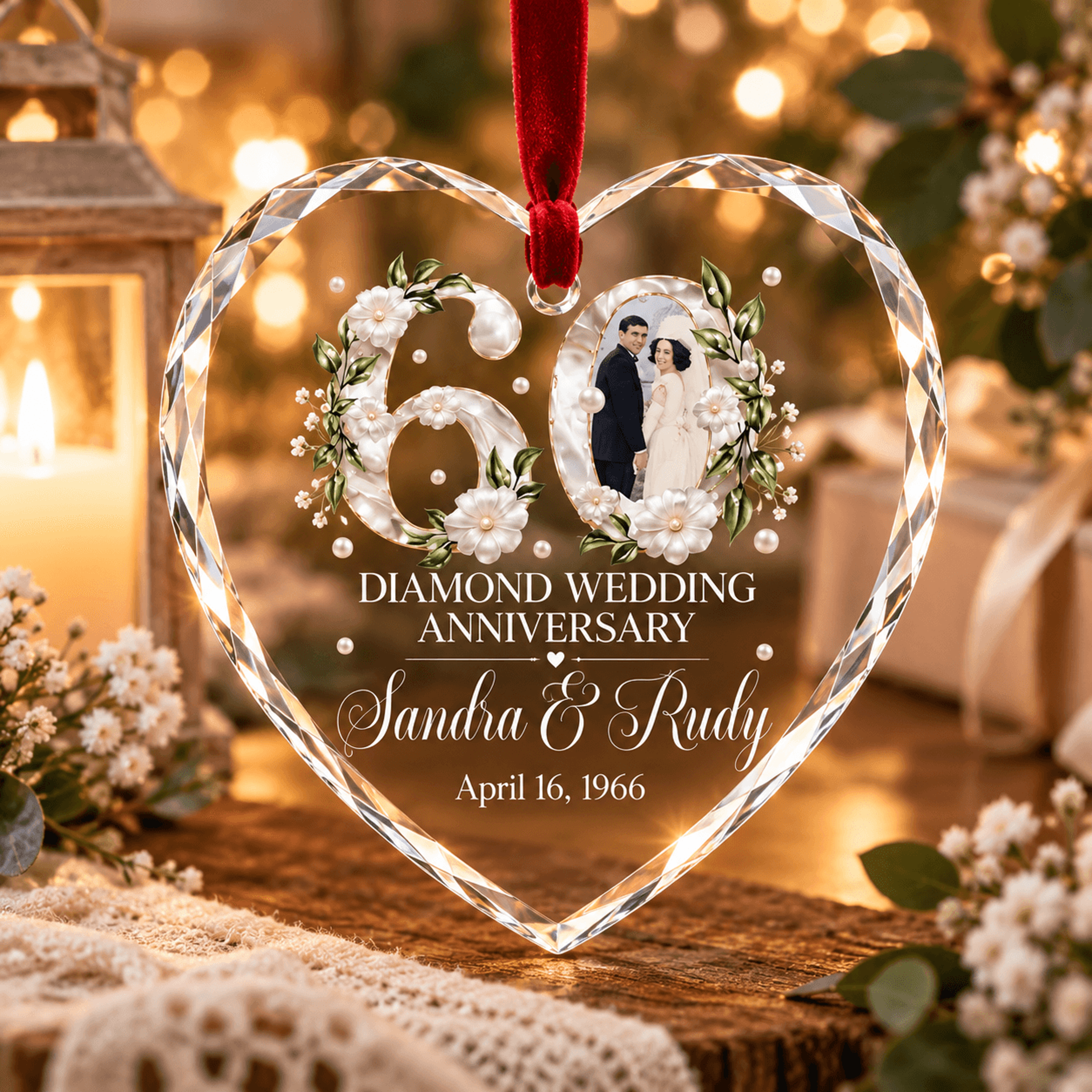 personalized 60th wedding anniversary ornament, diamond anniversary photo keepsake, custom couple gift, 60 years