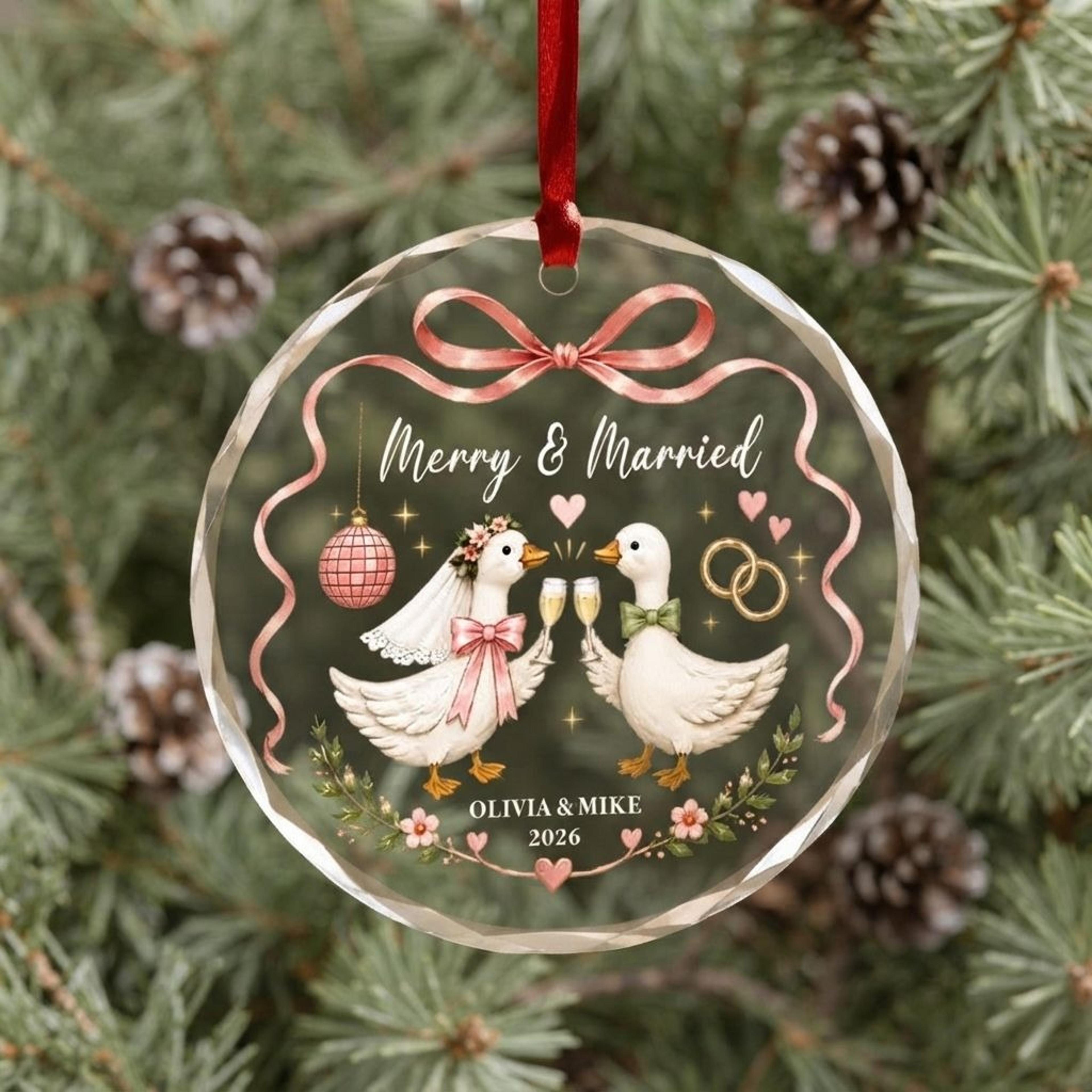 personalized just married christmas ornament, custom couple names wedding keepsake, newlywed first christmas gift, 2026