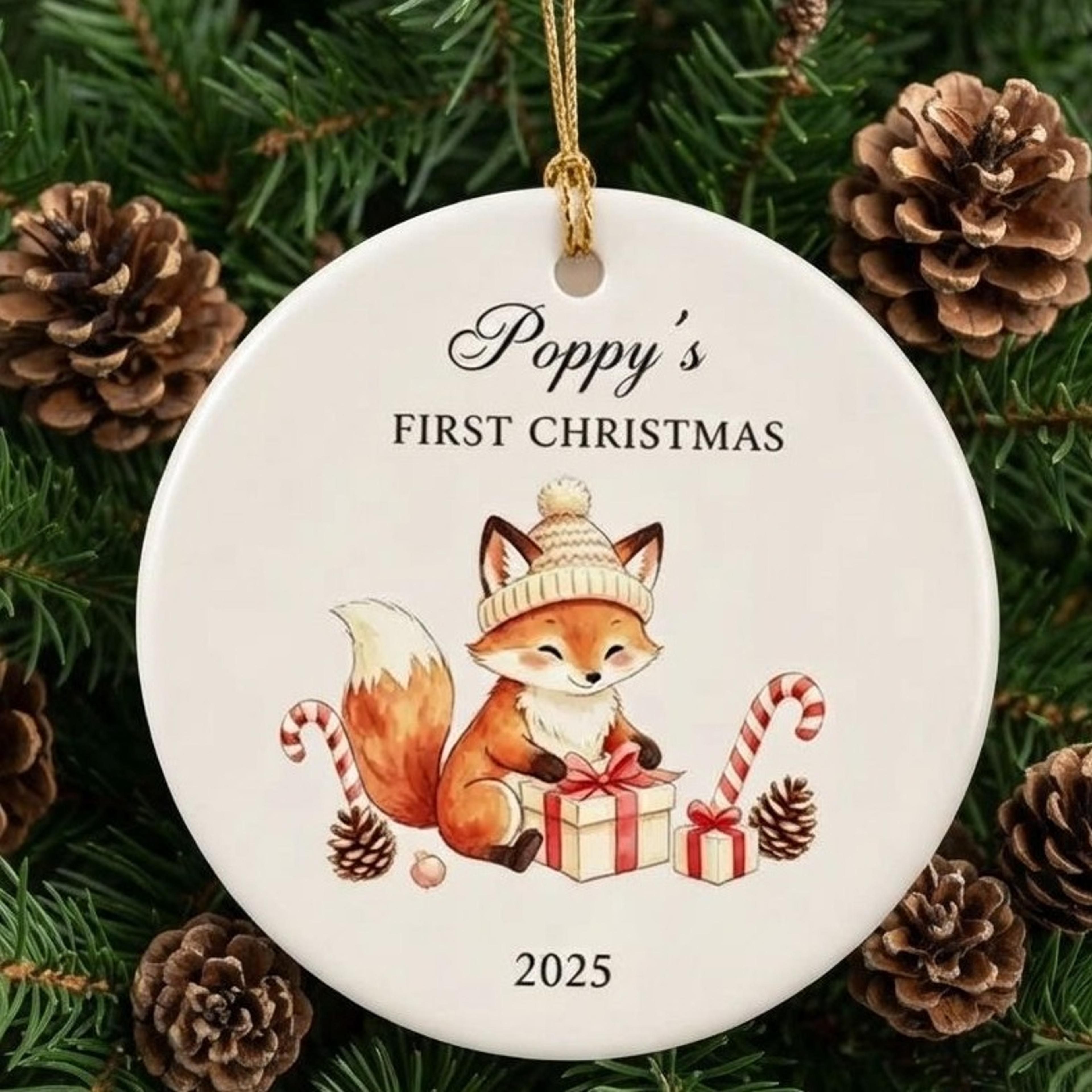 personalized baby first christmas ornament, custom name year fox keepsake, cute woodland newborn christmas gift 2025