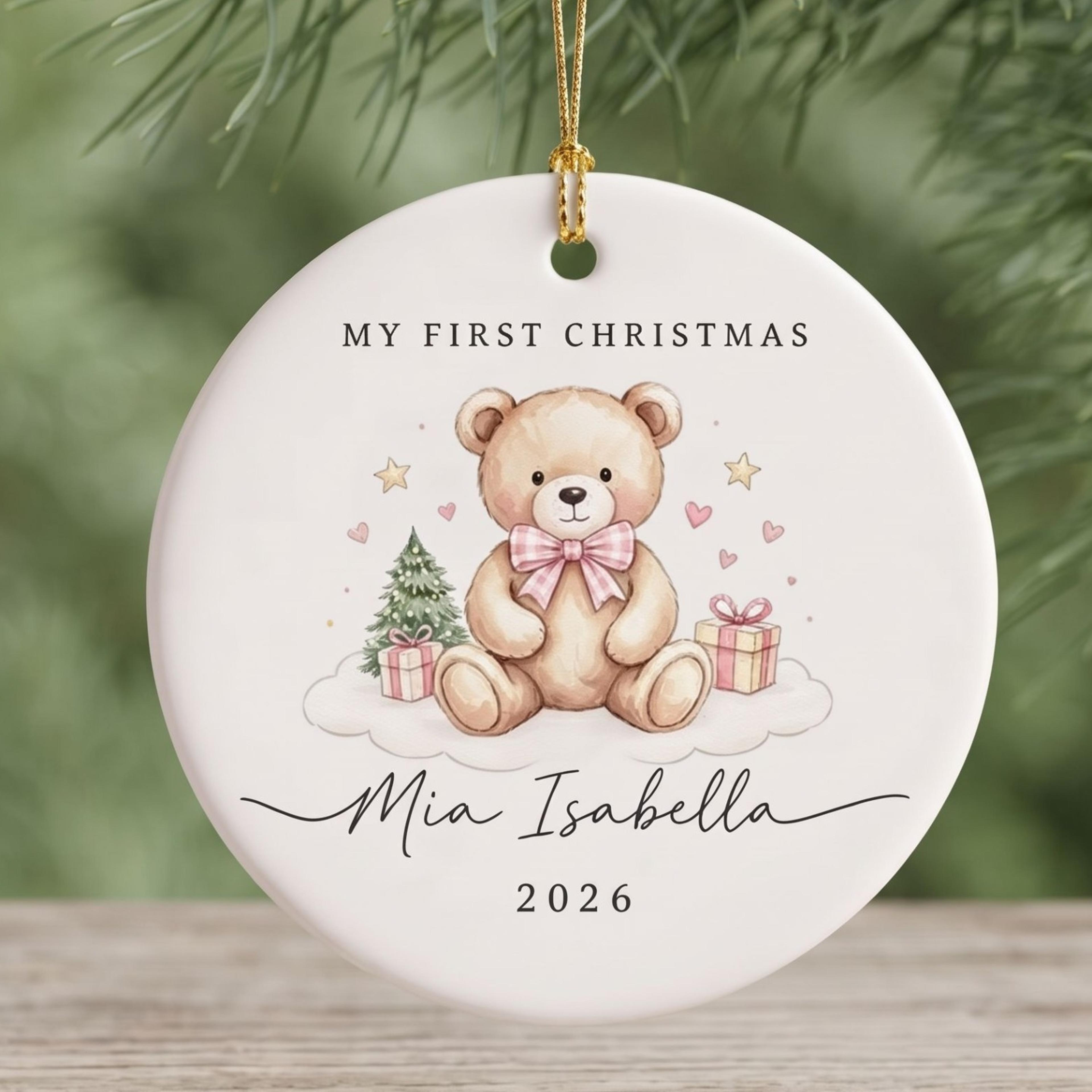 personalized baby first christmas ornament, custom name teddy bear keepsake, newborn christmas gift, baby ornament 2026