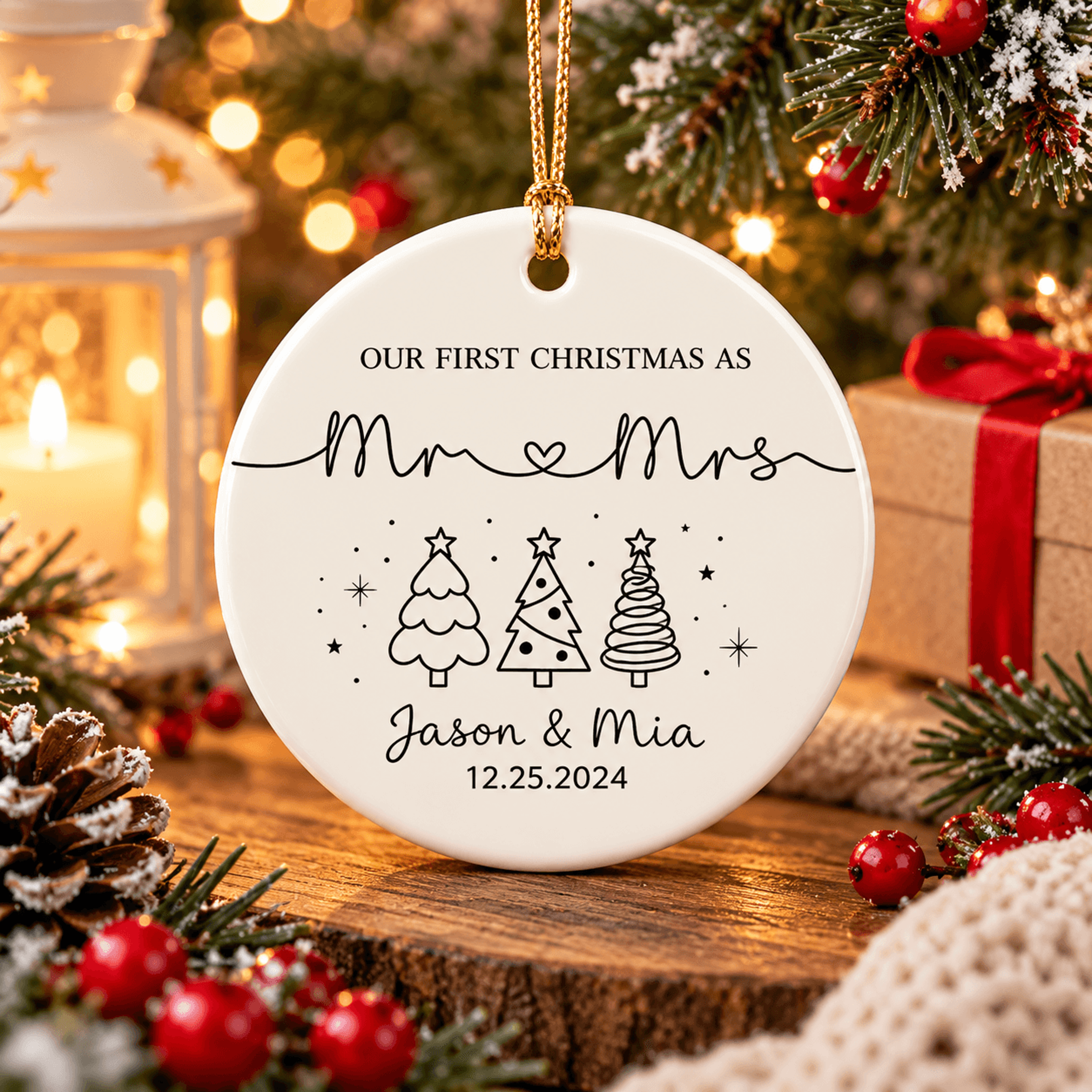 personalized first christmas married ornament, custom mr & mrs names date keepsake, newlywed couple christmas gift