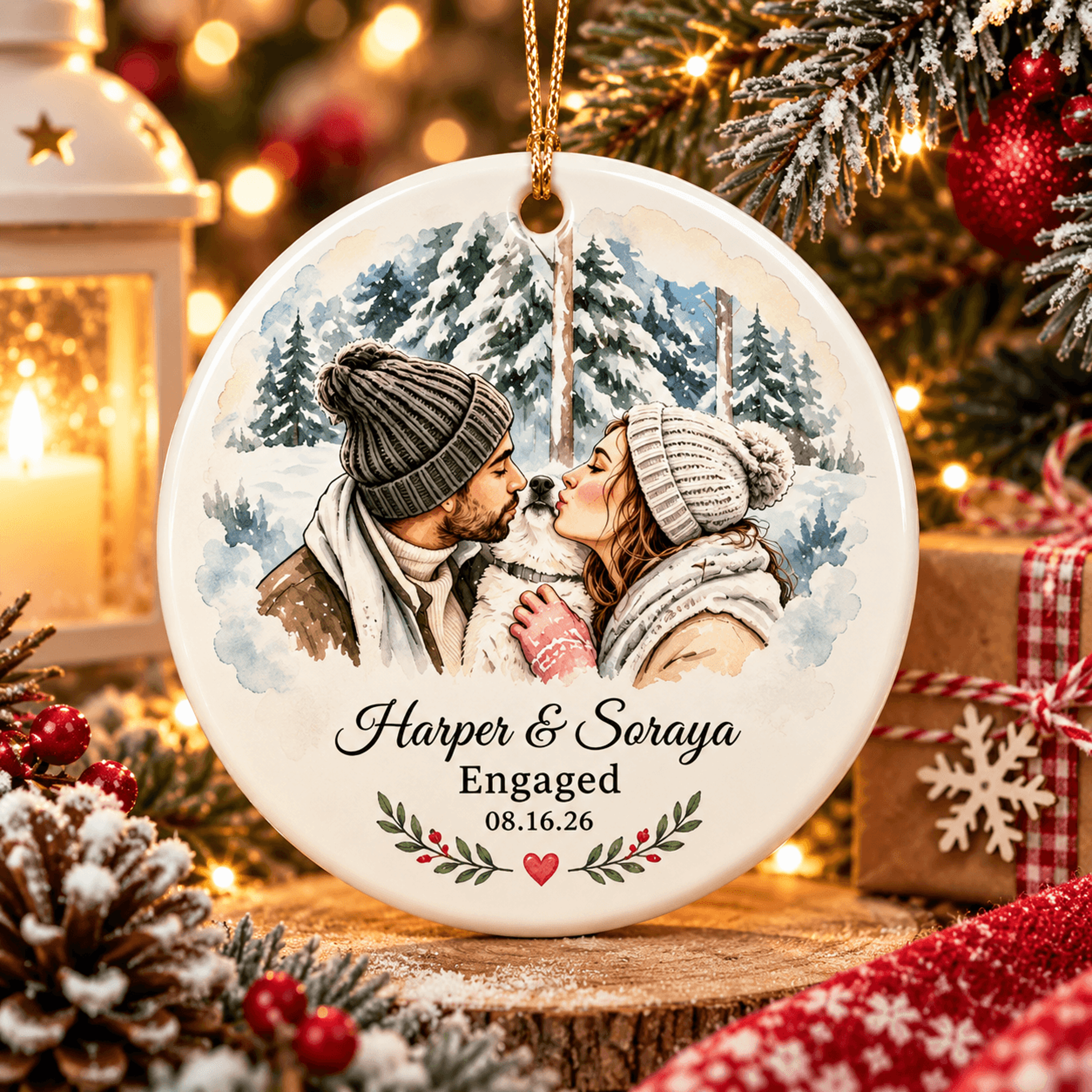 personalized engagement christmas ornament, custom couple names date keepsake, engaged couple holiday gift with pet