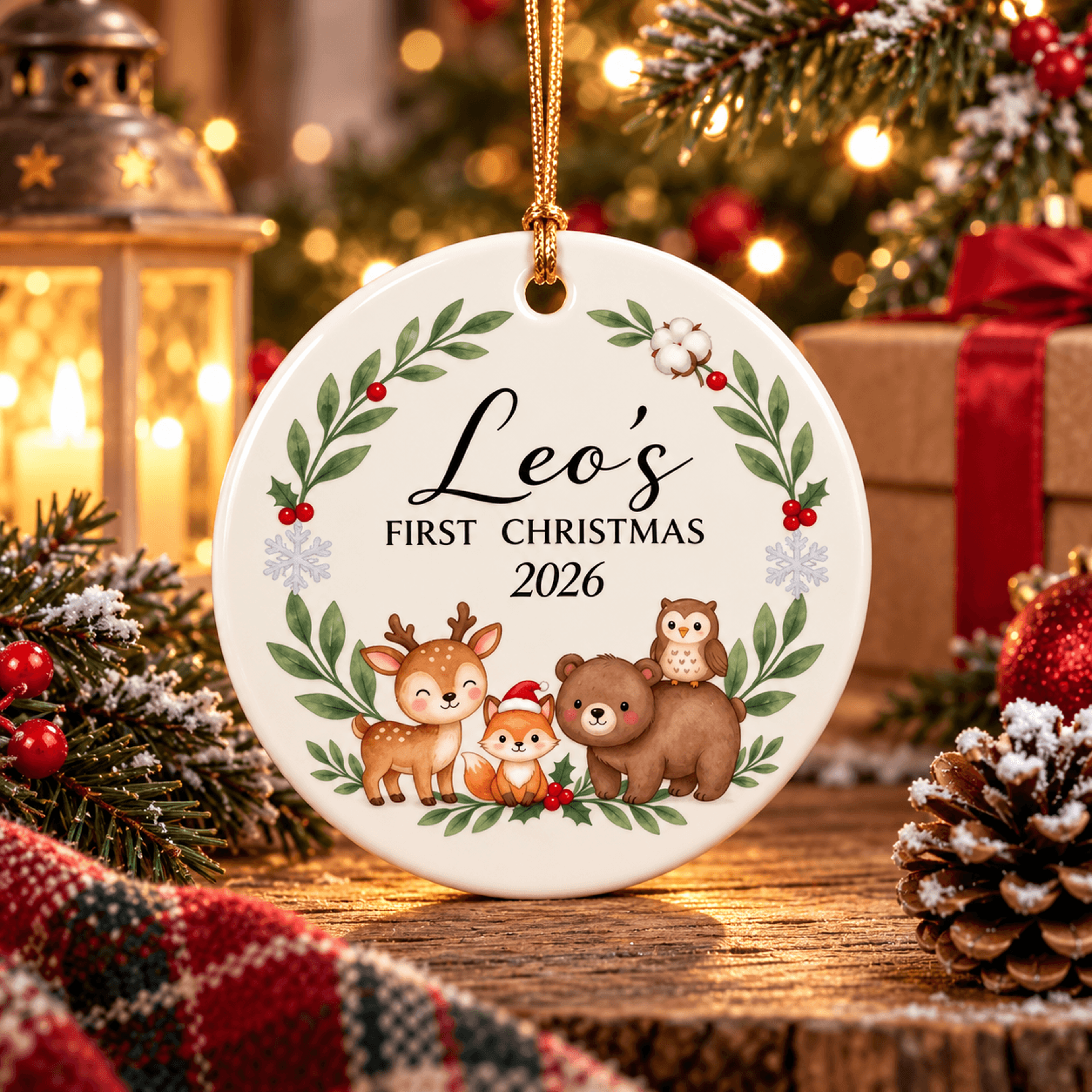 personalized first christmas ornament, custom name 2026 woodland animals keepsake, baby first holiday christmas gift