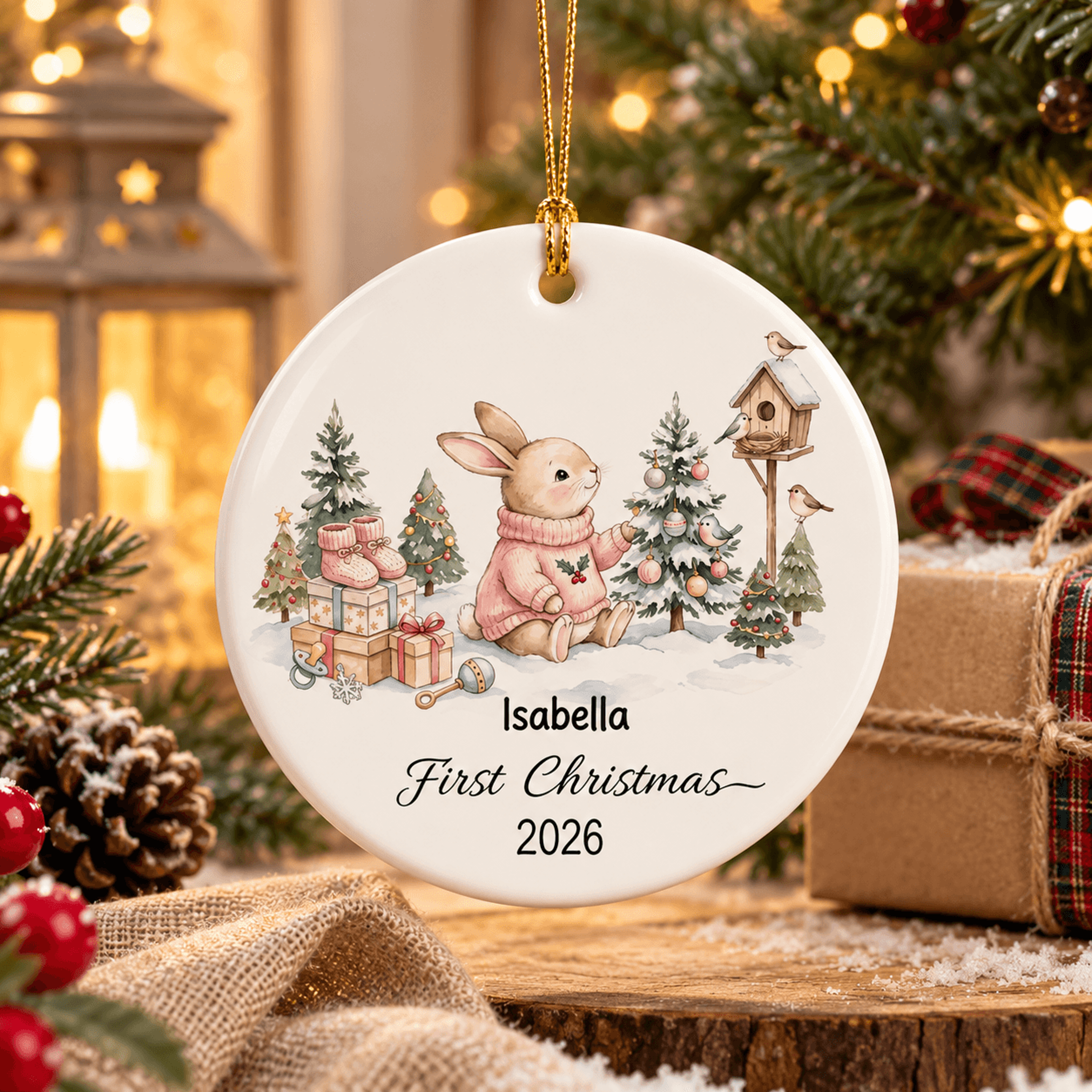personalized first christmas ornament, custom baby name 2026 bunny keepsake, woodland rabbit christmas gift for baby